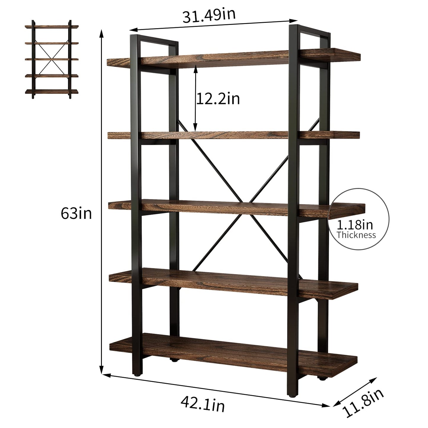 5-Tier Industrial Style Solid Wood Bookcase and Book Shelves,Rustic Wood and Metal Shelving Unit, Living Room,Modern Rustic Open Industrial Book Shelf Office,Distressed Brown (AY-02-5Tier)
