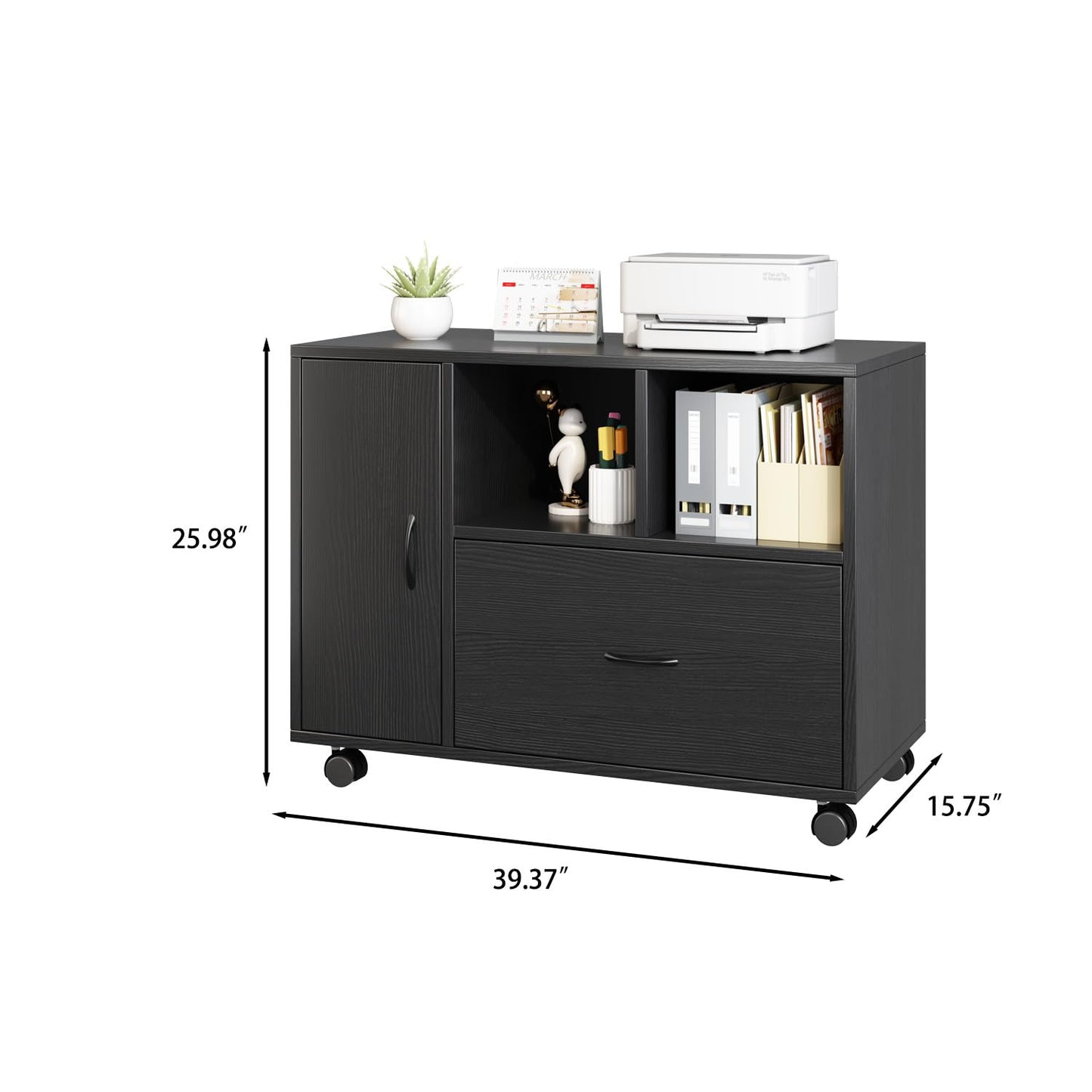 1 Drawer 1 Door 2 Shelves office furniture storage cabinet,Office Vertical Files Pedestal storage Lateral cabinet,Printer Stand with Open Storage Shelves and Rolling Wheels for Office and Home (Black)