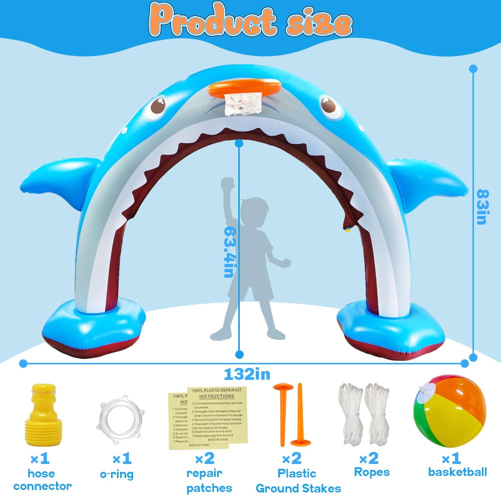 11Ft Inflatable Shark Sprinkler, Large Shark Arch Sprinkler Toys for Summer Outdoor Backyard Yard Lawn, Perfect Inflatable Shark Sprinkler Water Park Toy Games for Boys Girls