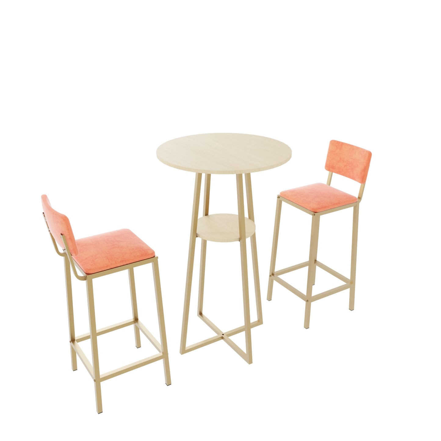 3 Piece Round Bar Table Set with Storage Shelves, Metal Pub Table Set with Upholstered Stools for 2, Save Space, Beige+Gold+Orange