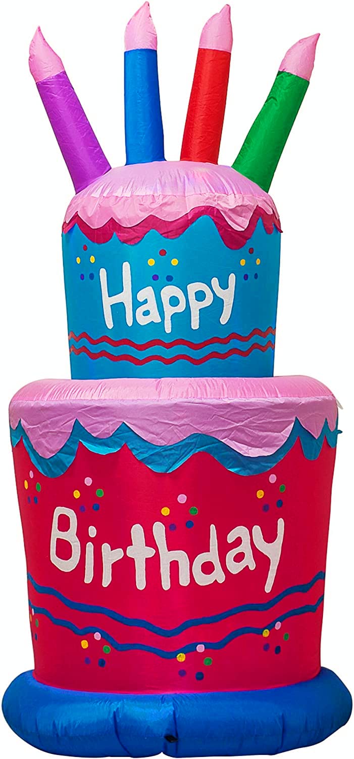 6FT Inflatable Birthday Cake Decoration,Birthday Blow up Cake Outdoor Decor with LED Lights,Light-up Happy Birthday Sign for Yard Lawn, Inflatable Outdoor Holiday Yard Decoration(Blue & Pink)