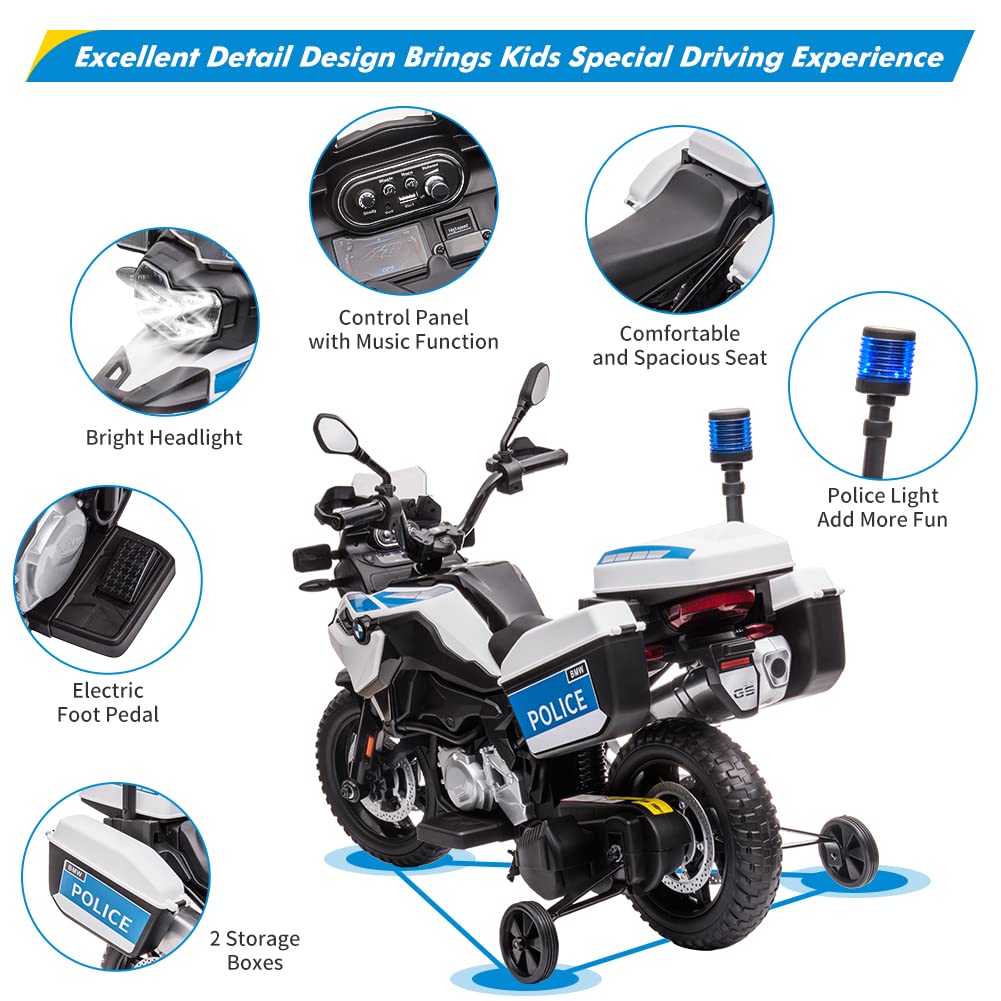 12V 7AH Kids Motorcycle, Licensed BMW Ride On Police Motorcycle, Kids Car with High/Low Speed, 2 Storage Boxes,Warning Lights and LED Headlights,Spring Suspension, Toys for Boys Girls