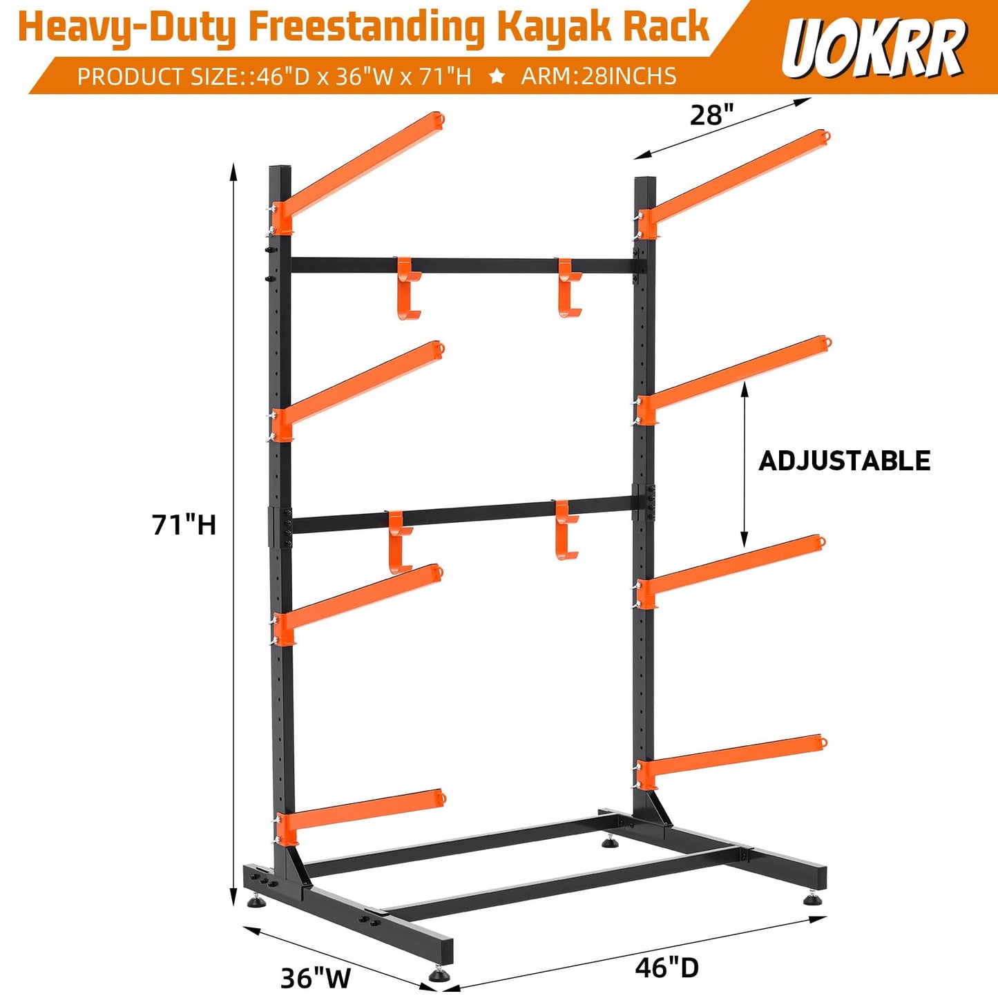 UOKRR 4 Kayak Storage Rack, Freestanding Kayak Racks for Garage, Heavy Duty Adjustable Kayak Stand Indoor Outdoor Storage Rack for Kayaks, Canoes, Surfboard & Paddleboard (4 Levels with paddle hook)