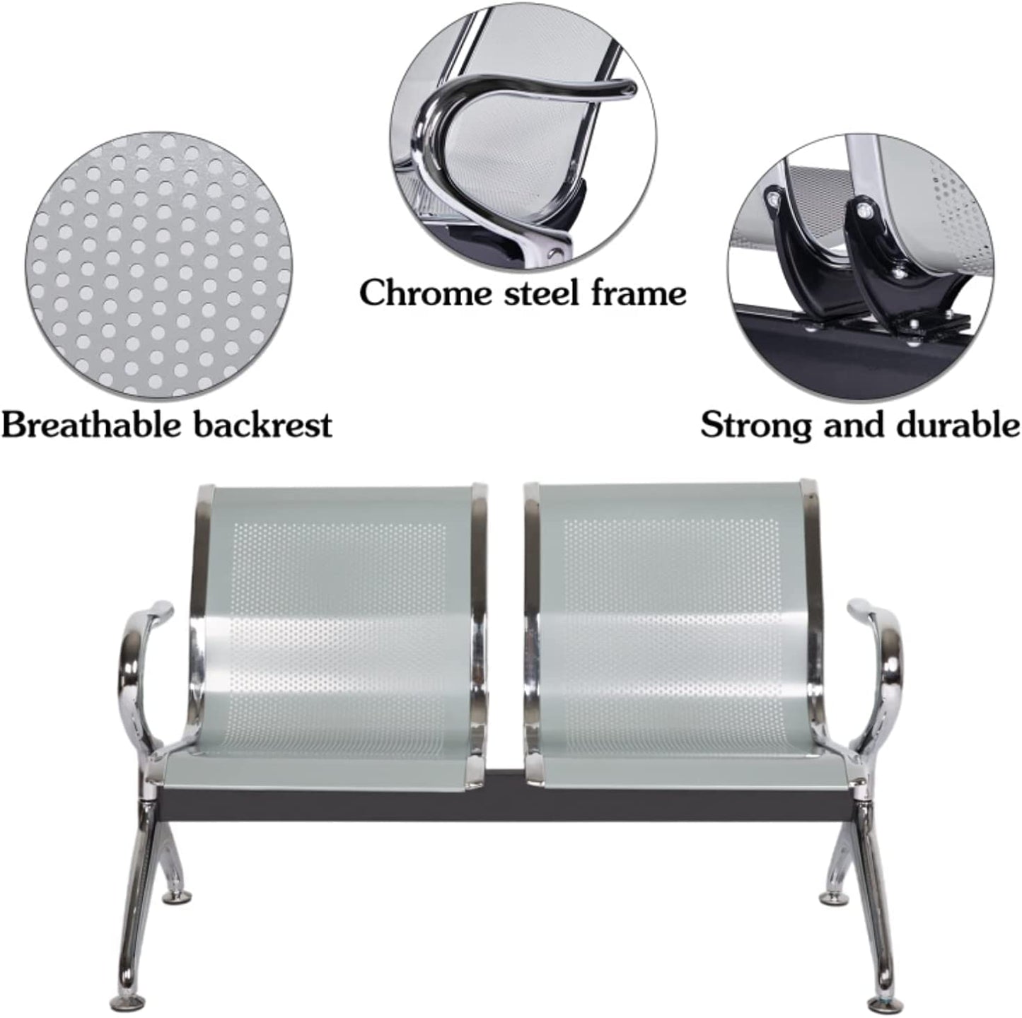 Waiting Room Chair Bench - Airport Reception Bench with Arms Guest Reception Chairs Office Chair Lobby Bench Seating Office Bench Waiting Area Chairs for Airport Market Bank Hospital School, Silver
