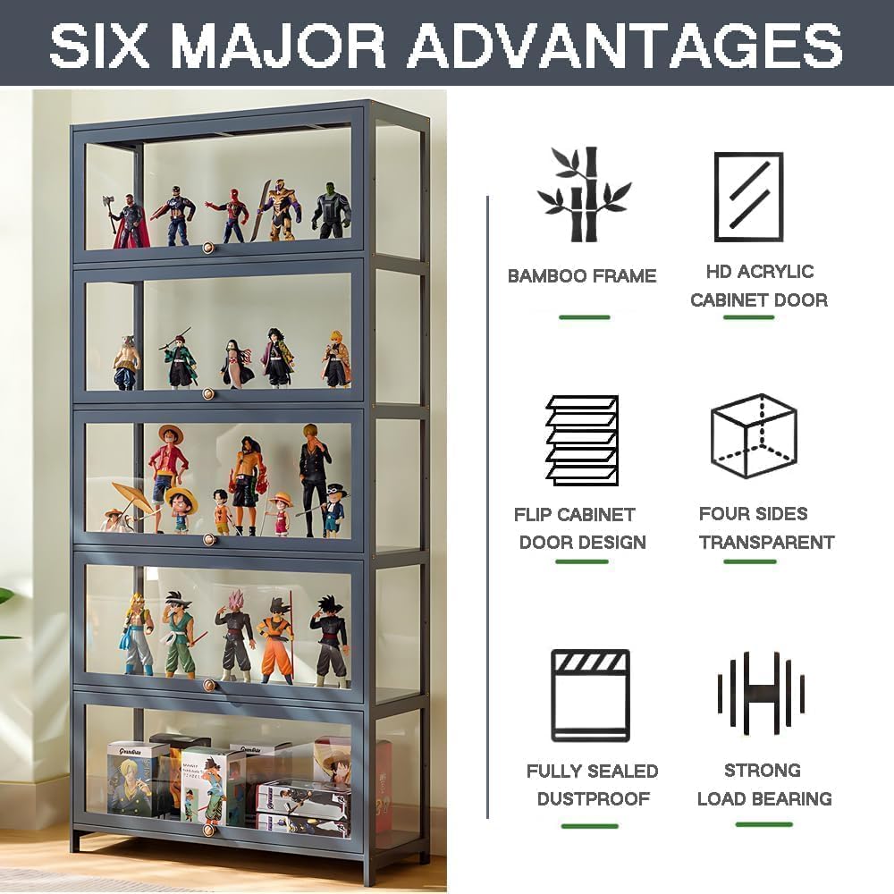 5-Tier Display Cabinet, Transparent Display Case with Acrylic Glass Door, Bamboo Curio Cabinet for Collectibles, Display Shelf & Kids Bookcase for Playroom, Bedroom, Living Room, Office