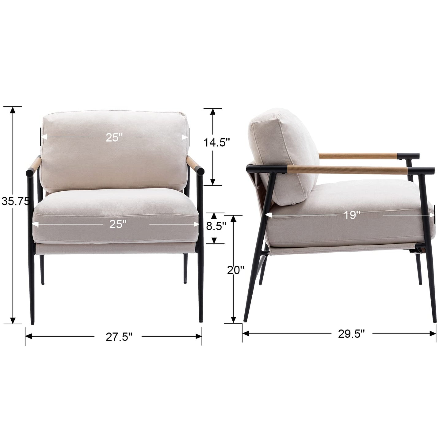 Ya-Home Mid-Century Accent Chair, Soft Armchair Chenille Fabric Lounge Chair with Black Metal Legs, Upholstered Leisure Chair for Living Room Bedroom Reception Room, 1PC, Beige