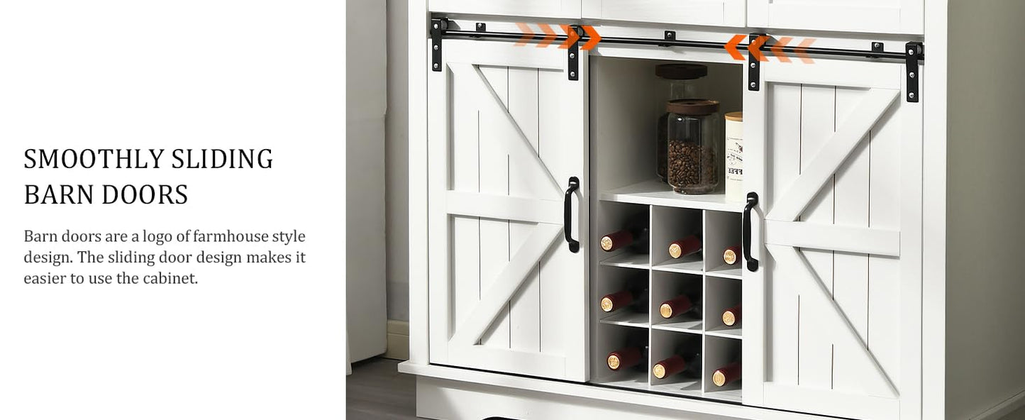 72" Farmhosue Coffee Bar Cabinet with Storage Shelves and 3 Drawers, Kitchen Hutch Storage Cabinet with Sliding Barn Door & Wine Racks & Wine Glass Holder, Bar Cabinets for Home/Living Room, White
