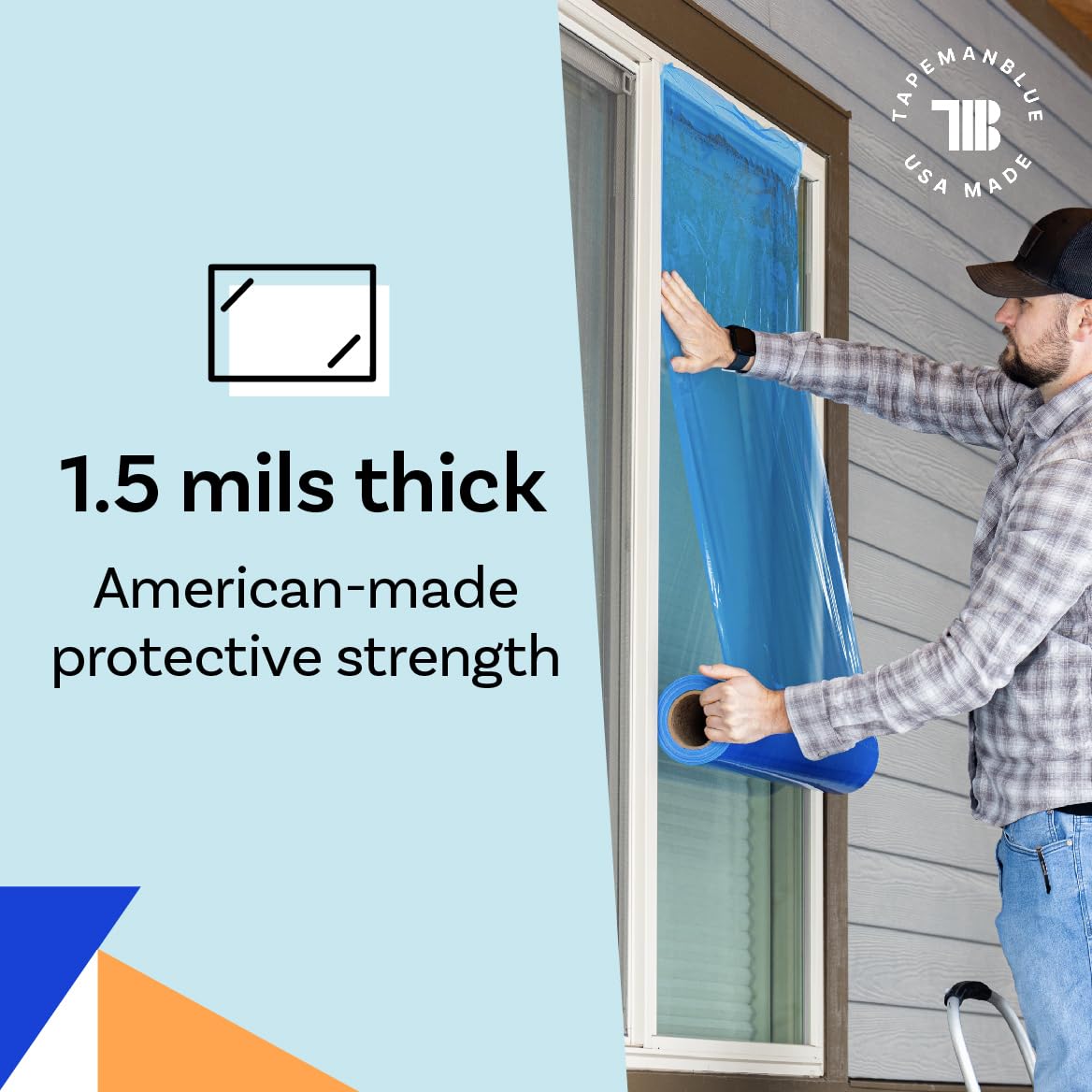 Window Protection Film, 24 inch x 600 feet, Made in The USA, Strongest and Most Durable Window Protection Film for Construction, Blue Self-Adhesive Temporary Glass Protection Tape