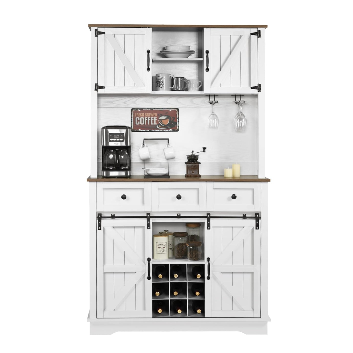 72" Farmhosue Coffee Bar Cabinet with Storage Shelves and 3 Drawers, Kitchen Hutch Storage Cabinet with Sliding Barn Door & Wine Racks & Wine Glass Holder, Bar Cabinets for Home/Living Room, White