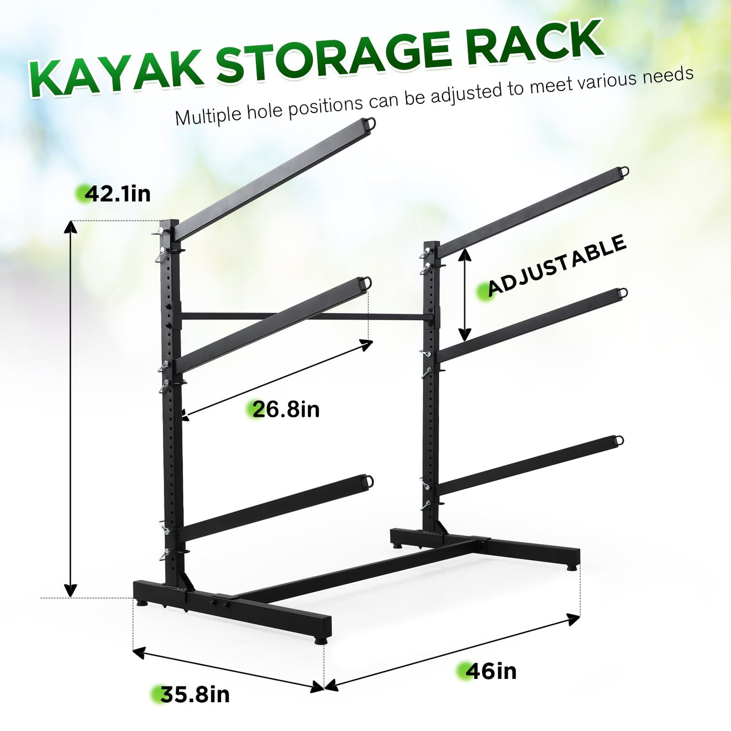 Danrelax Freestanding Kayak Storage Rack – Weatherproof, Holds Kayaks up to 46'' Length and 36'' Width, Adjustable Height 28''-42'' for Indoor Use