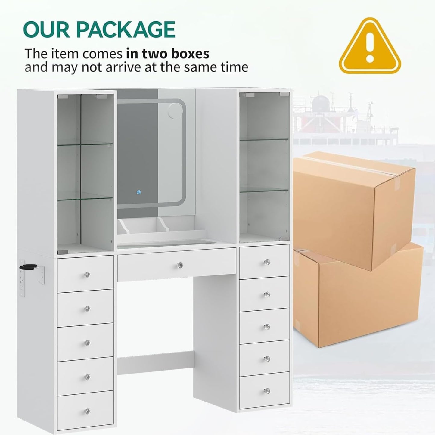 11 Drawers Makeup Vanity with Charging Station, Vanity Desk with LED Mirror & 2 Glass Cabinet, 3 Color Modes, Brightness Adjustable, Glass Top, Dressing Table with Chair for Bedroom (11 Drawers)