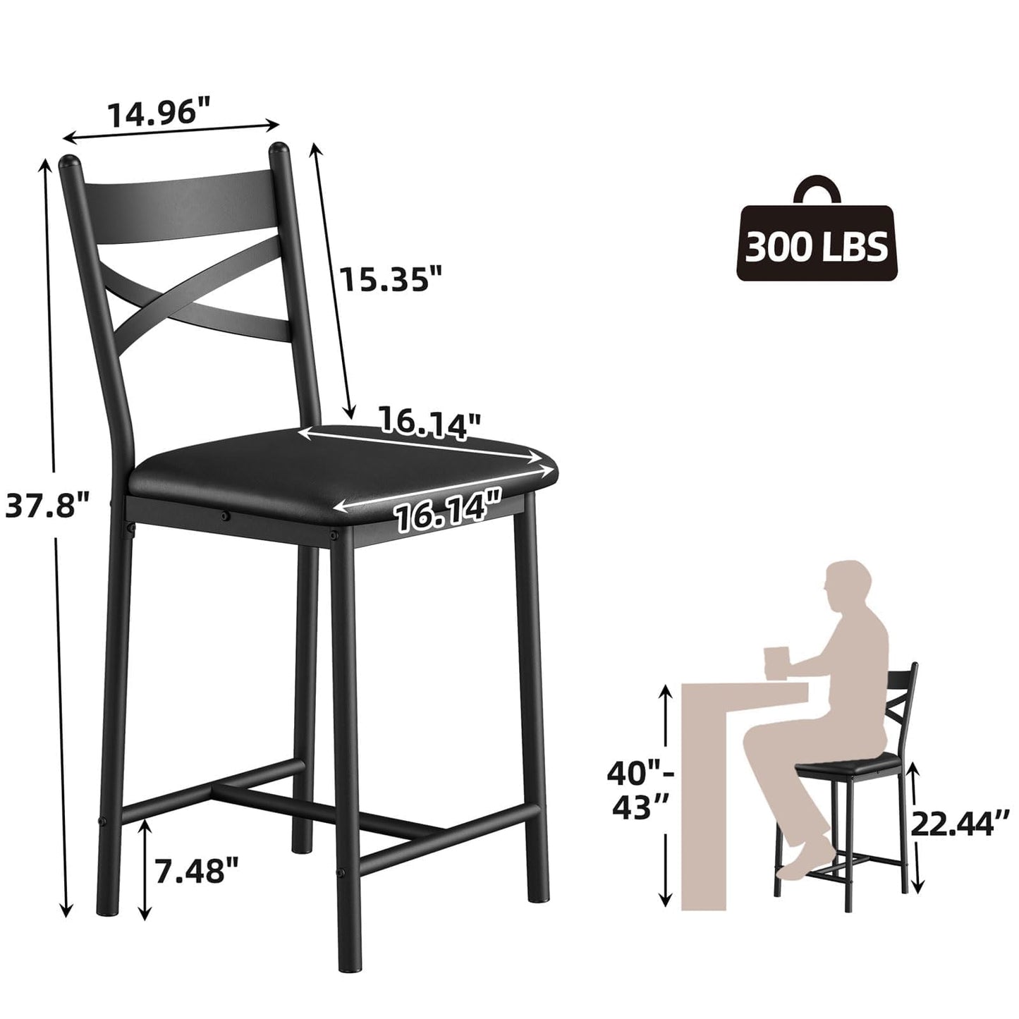 22.4" Bar Stools, Set of 4 Bar Chairs with X-Shaped Back Thick Cushion, Counter Height Barstools for Dining Room, Kitchen, Counter, Rustic Brown and Black