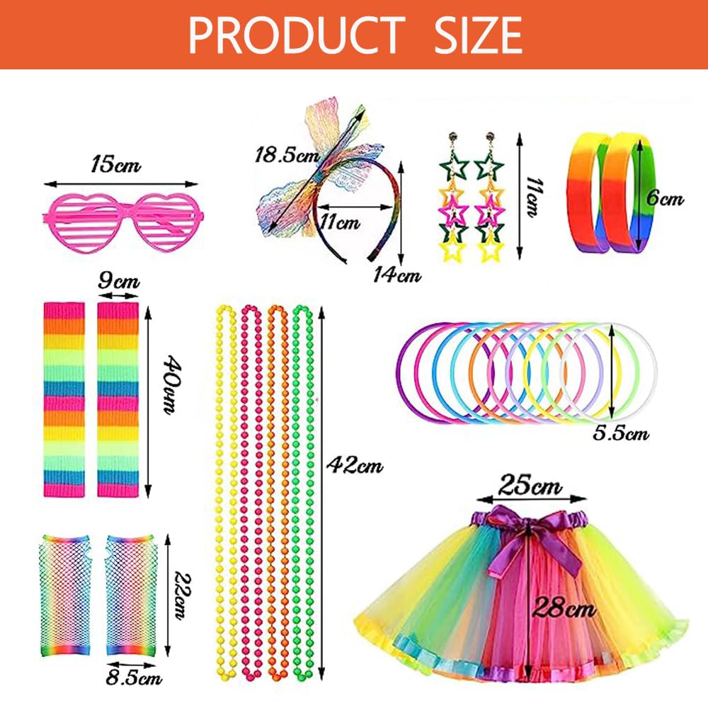 80s Costume Neon Outfits Accessories Set Women Fancy Dress Rainbow Tutu Leg Glove Necklace Headband Earring Glasses