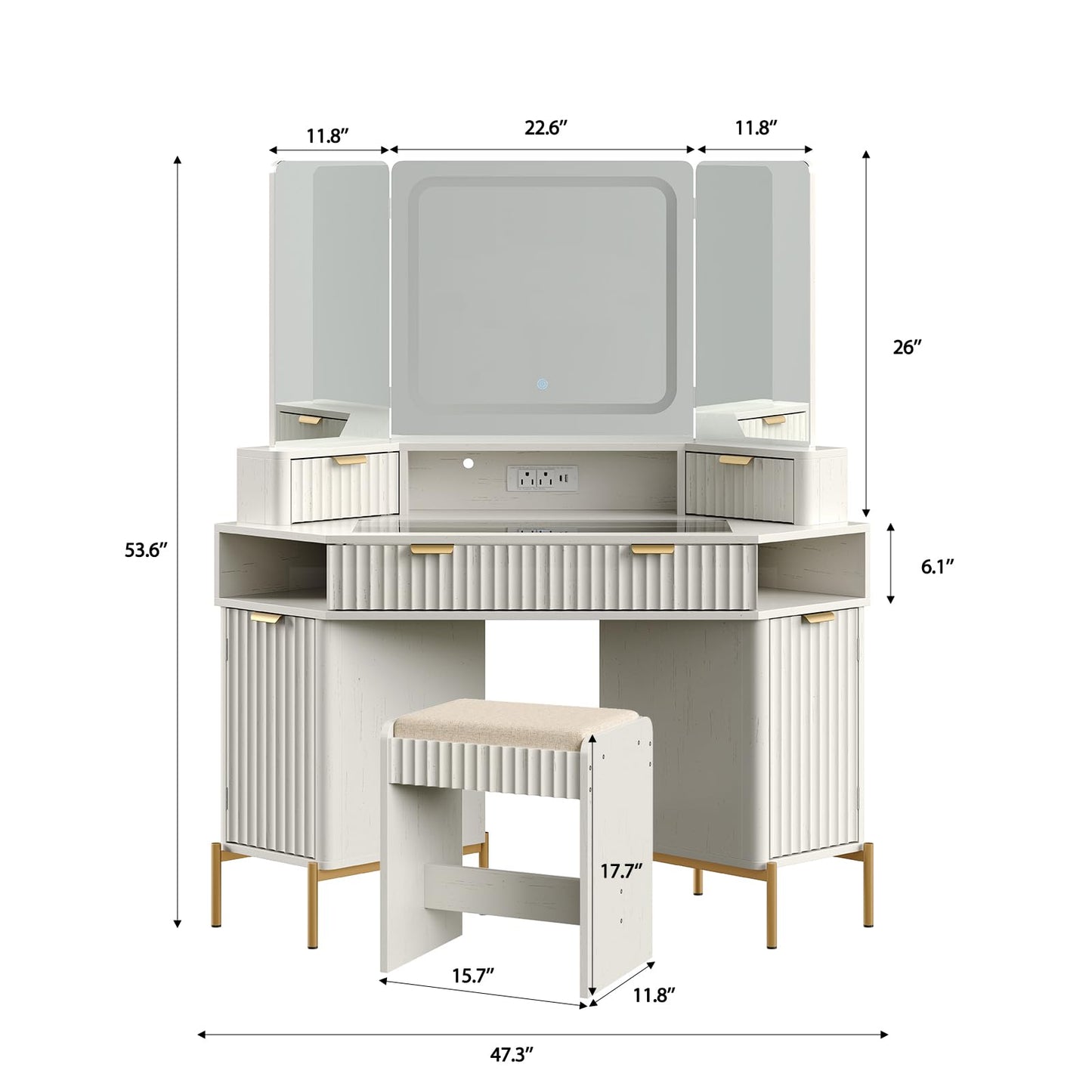 48'' Modern Vanity Desk with HD Triple Mirror & Lights,Large Corner Vanity Table with Glass Top, Charging Station,1Multifunctional Drawers & 2 Small Drawers, Dressing Table Set with 2 Cabinets, White