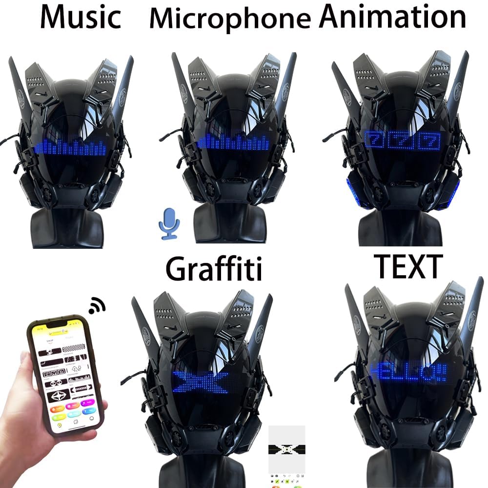 WKYBHUD Cyberpunk LED Mask - Bluetooth Control, Customizable Display, USB Rechargeable for Nightclub, Festivals, Raves, Christmas, Cosplay (Blue)