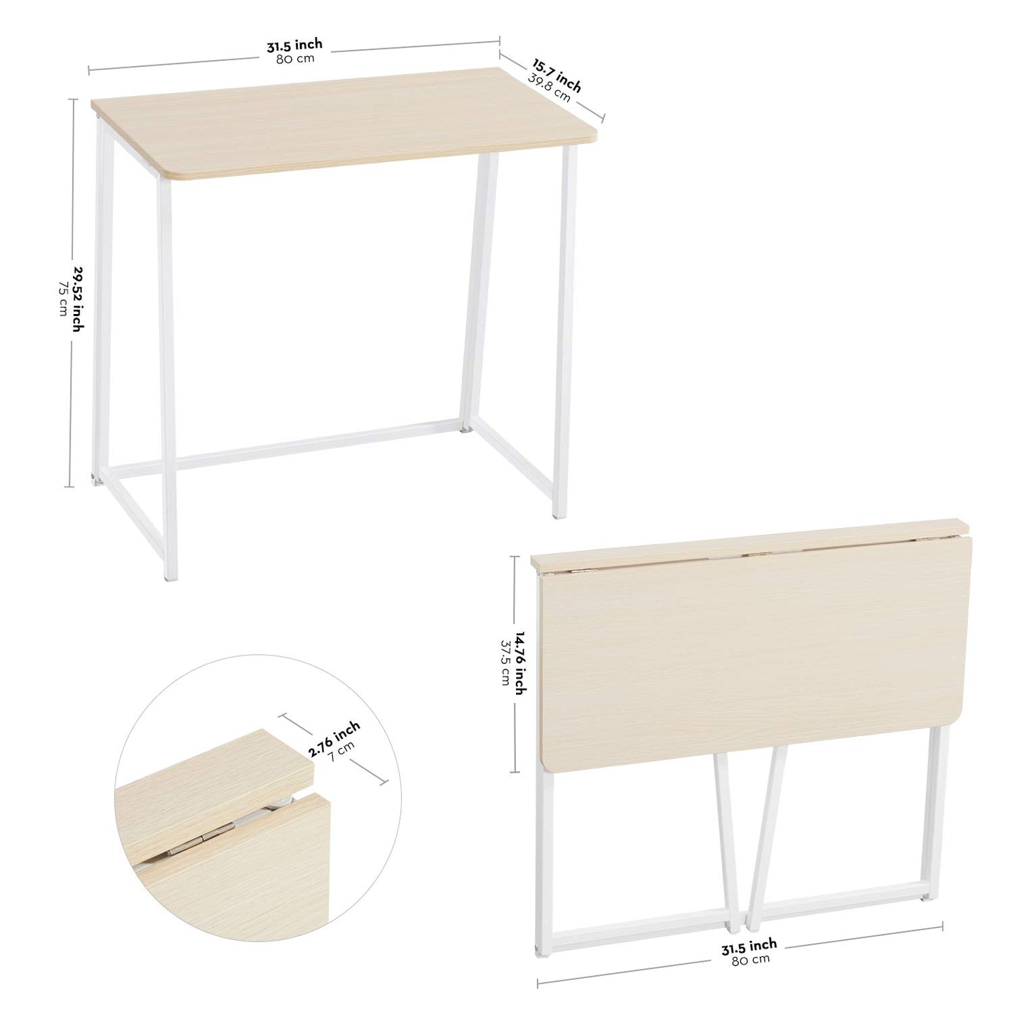 WOHOMO Folding Desk, Small Foldable Desk 31.5" for Small Spaces, Space Saving Computer Table Writing Workstation for Home Office, Easy Assembly, Oak