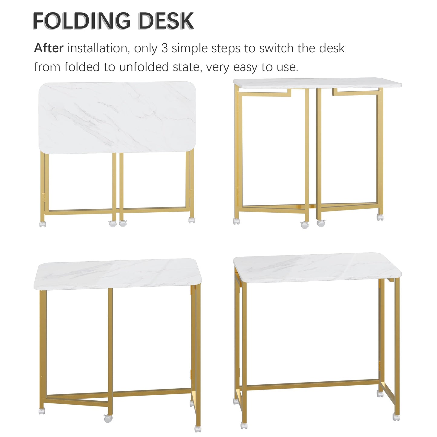 4NM 27.5" Mobile Small Rolling Computer Desk, Folding Laptop Cart Table with Wheels, Portable Office Desk for Small Space Couch Bed - White and Golden
