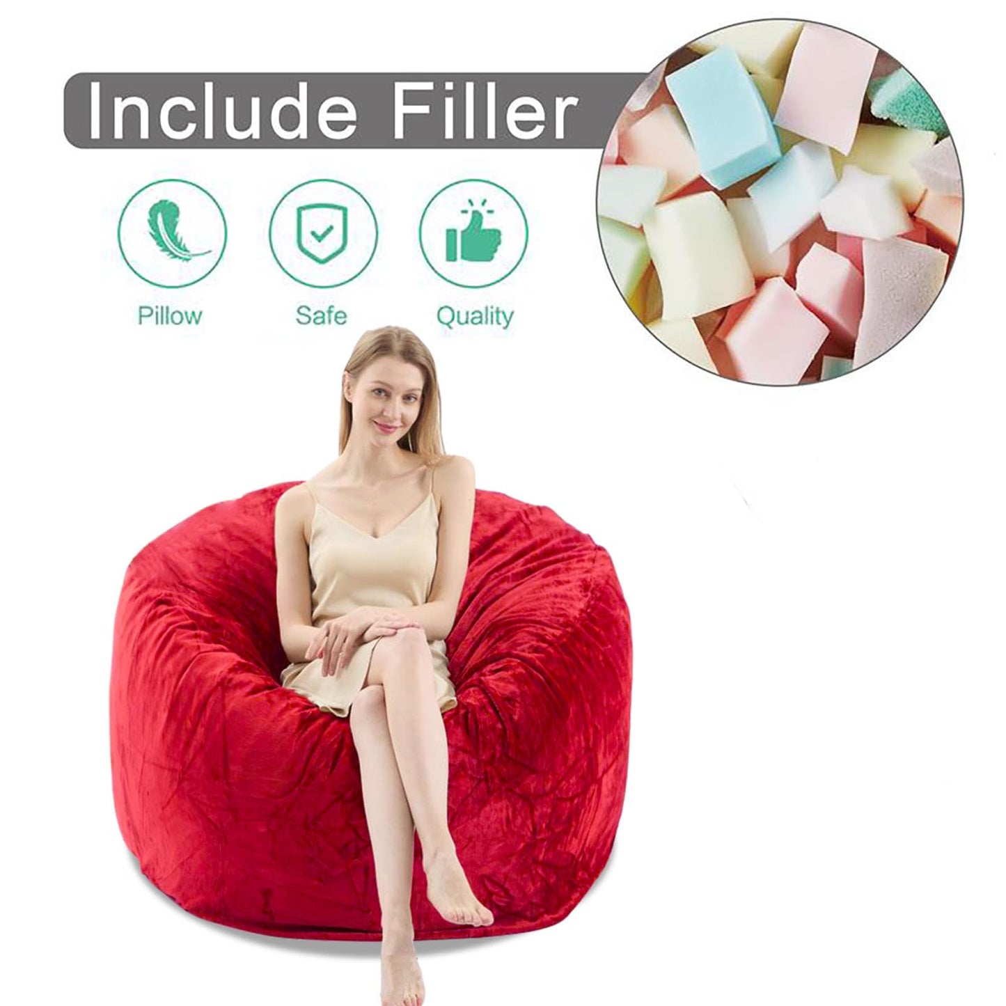 4FT Bean Bag Chairs for Adults,Bean Bag with Filler Included,Memory Foam Chair,with Flannel Cover, Detachable and Washable, Suitable for Lounge Chairs in bedrooms Dormitories (Red, 4FT)