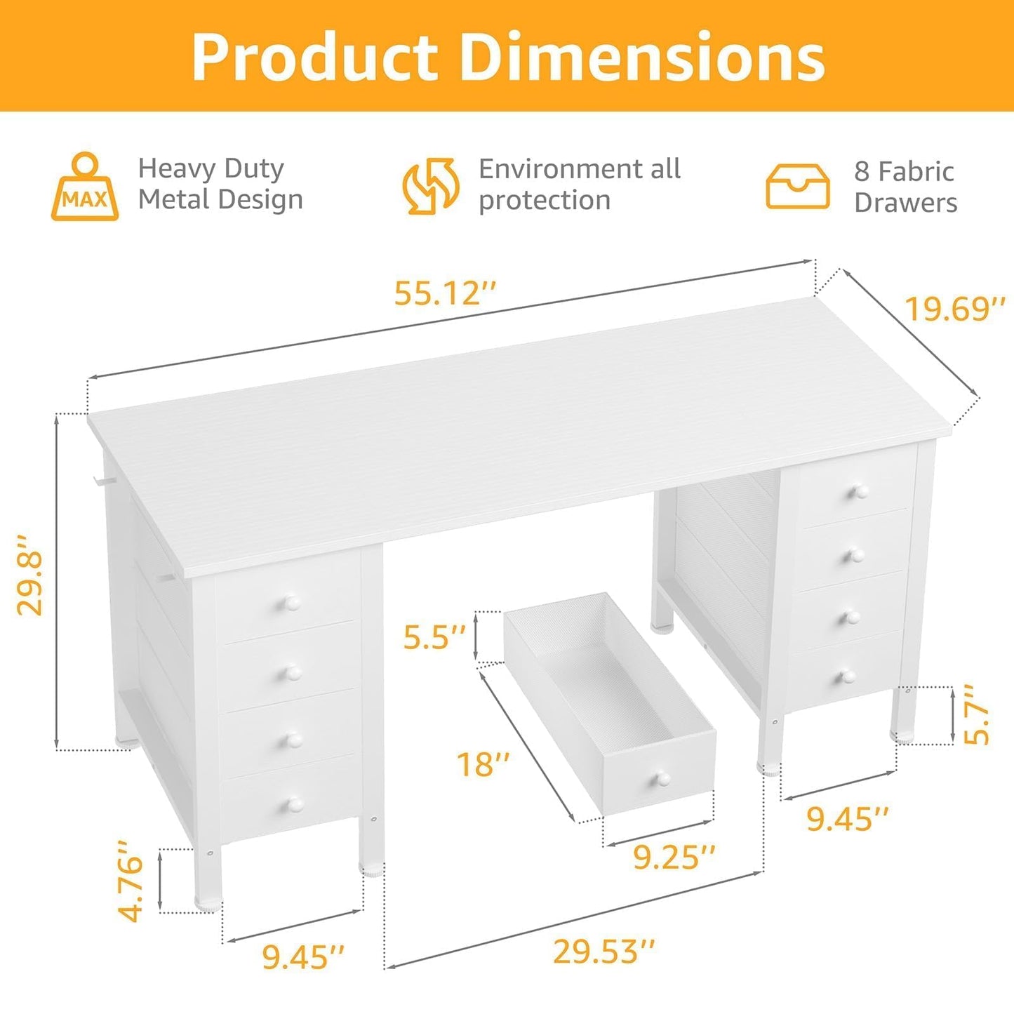 White Computer Desk with Drawers on Both Sides for Home Office, 55 inch Girls Teens Desks with Storage Writing Study Table for Bedroom, Makeup Vanity Desks Without Mirror,8 Fabric Drawer