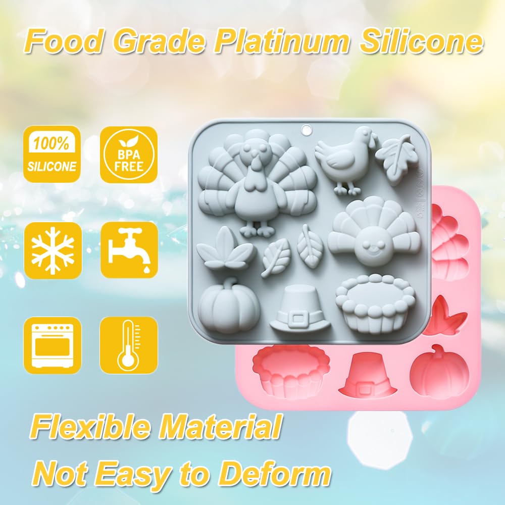 2 Pack Fall Thanksgiving Chocolate Molds Autumn Pumpkin Turkey Maple Leaves Silicone Molds Fall Candy Resin Baking Mold Soap Mold for Halloween Autumn Harvest Cupcake Cake Topper Décor