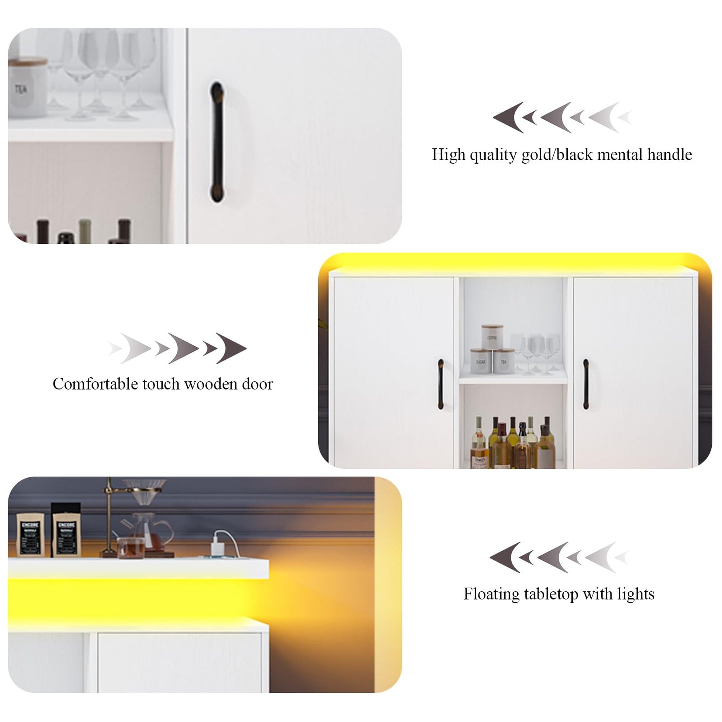 4 EVER WINNER White Buffet Cabinet with Storage, Bar Cabinet with Led Lights and Power Outlet, Floating Coffee Station with Adjustable Shelves, Modern Sideboard Cabinets for Kitchen, Dining Room