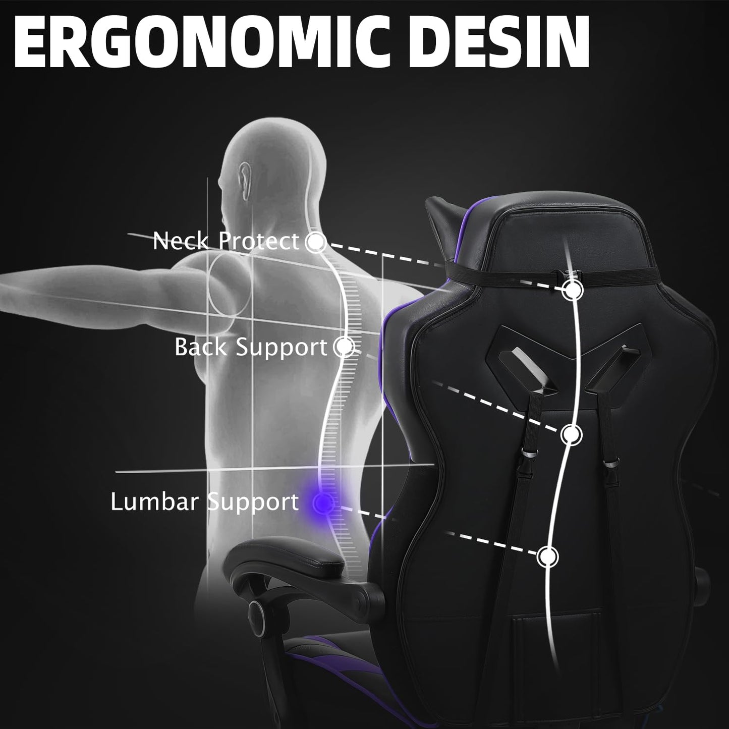 Vonesse Gaming Chair for Adults,Computer Chair with High Back,Big and Tall Gaming Chairs with Footrest and Massage,Reclining Gamer Chair(Purple/Black)