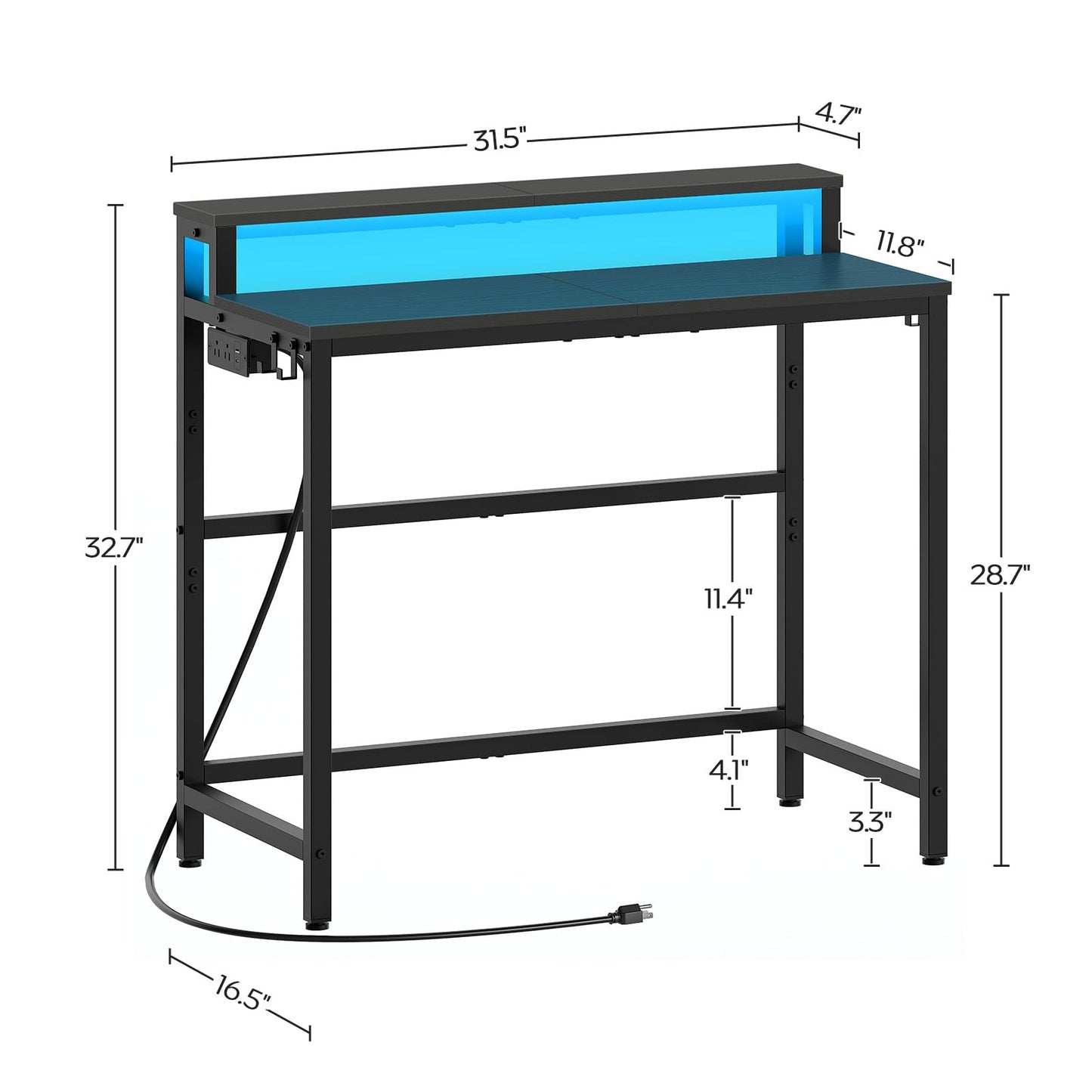 YATINEY Computer Desk with Charging Station and LED Lights, Gaming Desk with Monitor Stand, 2-Tier Home Office Desk with 4 Side Hooks, for Living Room, Home Office, Black DN01UDBBY1