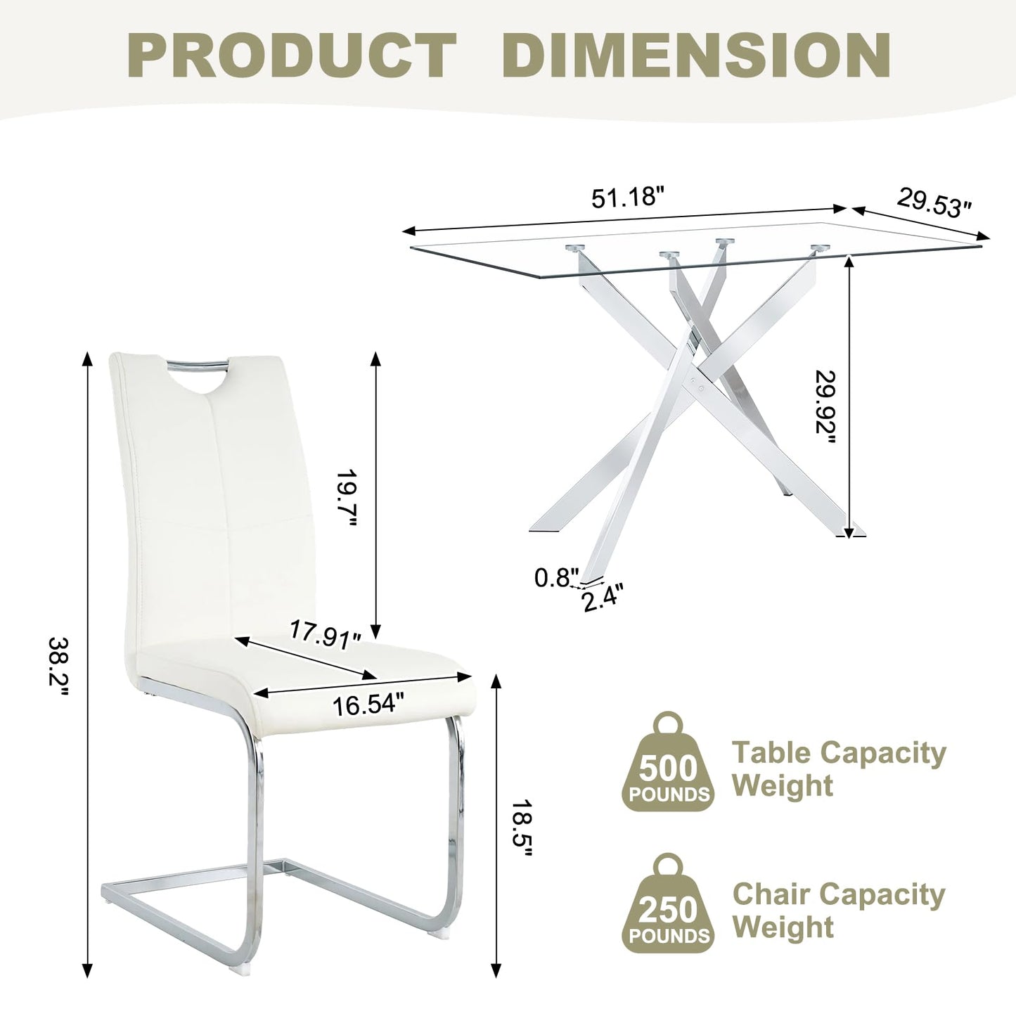51.18" W Glass Dining Table Set for 4, Modern Rectangular Glass Kitchen Table with Sliver Metal Legs, 4 PU Leather Chairs with Silver Legs, for Dining Room, Home - White
