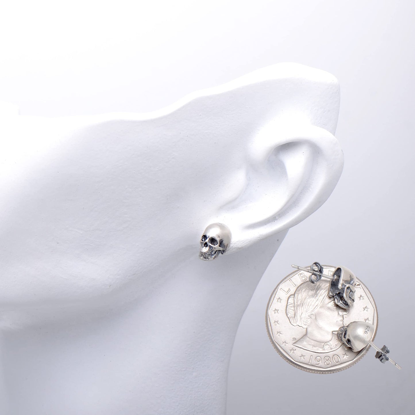 925 Sterling Silver Human Skull Earrings Studs for Men Women Halloween Costume, Oxidized