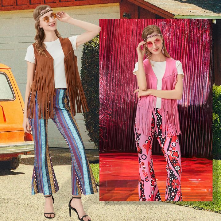 waypool 60s 70s Costume Outfits Motown Disco Outfits Fringe Vest Boho Flared Pants Set Earrings, Hippy Glasses, Headbands Flower