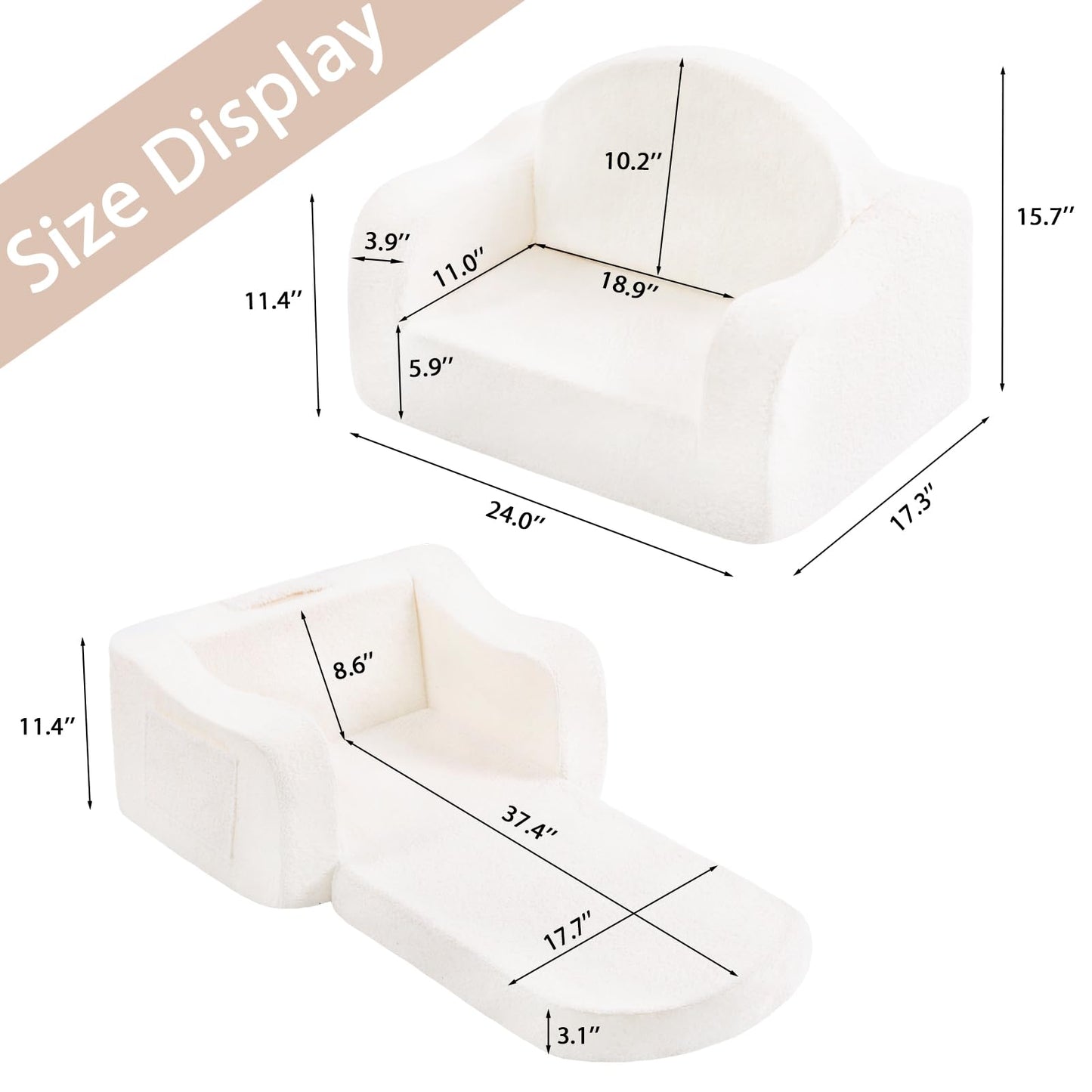 Welnow 2-in-1 Kids Sofa Chair, Convertible Toddler Chair Flip Out Children Sofa Chair with Wave Armrests Folding Kids Play Sofa with Side Pockets & Removable Cover Armchair for Girl or Boy