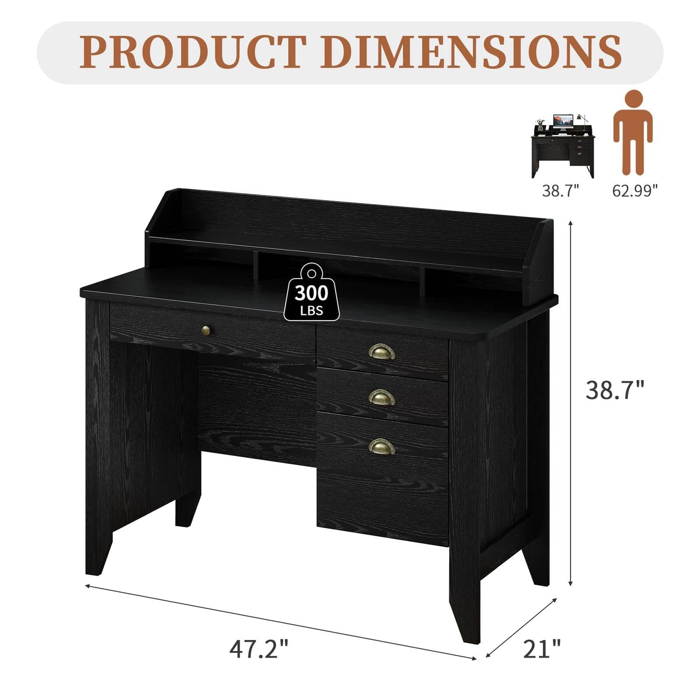 4 EVER WINNER Black Desk with Drawers, Small Computer Desk with File Drawer & Hutch for Small Spaces, Home Office Desks Writing Study Table with Monitor Stand, Black