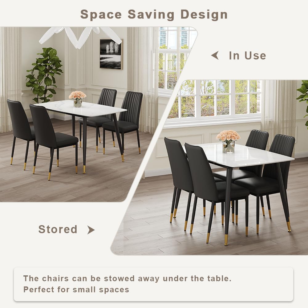 WEKEOT 50" White Marble Dining Table Set for 4 - Sintered Stone Tabletop & 4 Upholstered PU Leather Chairs - Modern Dining Room Set for Small Spaces (1 White Table + 4 Black Chairs)