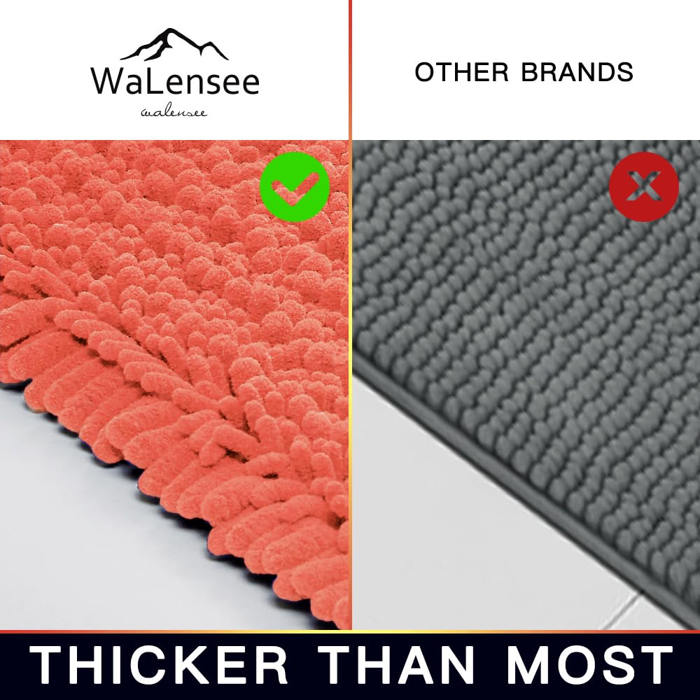 Walensee Bathroom Rug Non Slip Bath Mat (24x17 Inch Coral) Water Absorbent Super Soft Shaggy Chenille Machine Washable Dry Extra Thick Perfect Absorbant Best Small Plush Carpet for Shower Floor