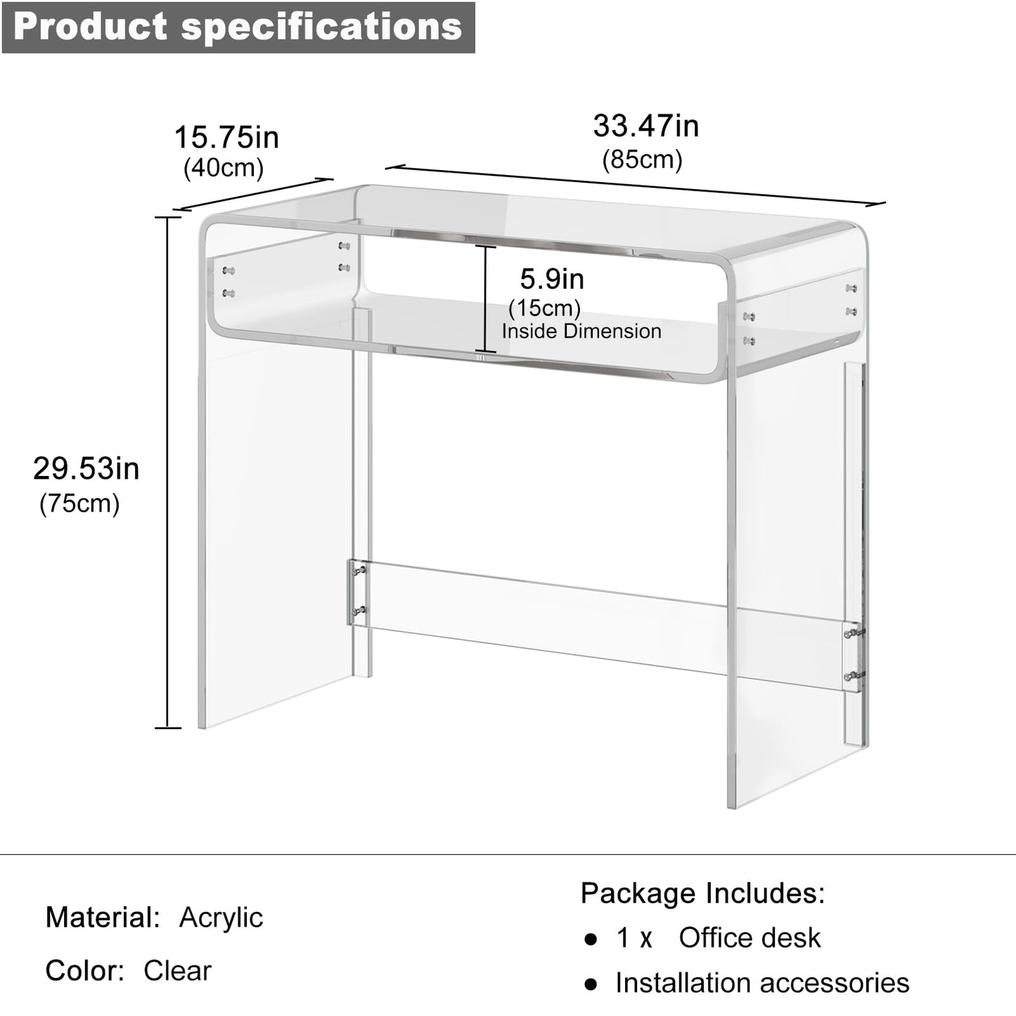 XOHYW Acrylic Office Desk, Modern Laptop Writing Study Table with Open Storage, Transparent Console Table Entryway Table, 33.5" L x 15.8" W x 29.5" H, for Home, Bedroom (Clear)