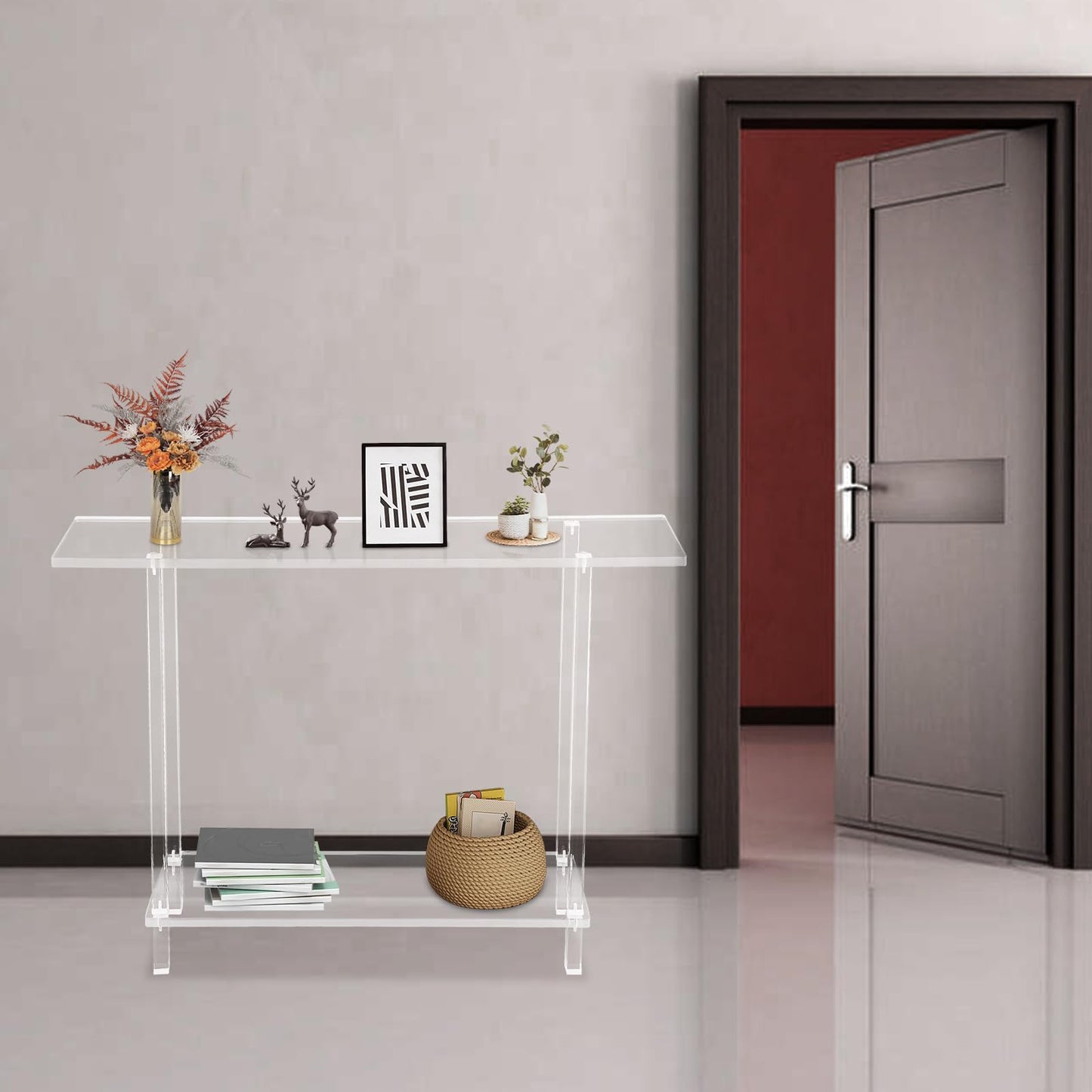 2-Tier Acrylic Narrow Console Tables, Skinny Bookshelf Slim Entry Table, Modern Side Table with Cylindrical Legs for Hallway, Living Room, Dining Room Clear 39.4" L X 7.9" W X 31.5" H