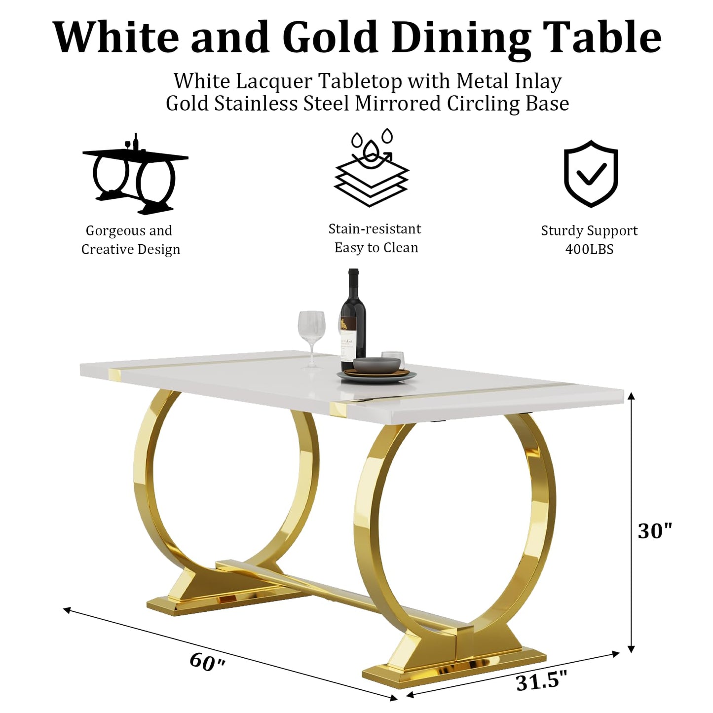 ACEDÉCOR 60" White and Gold Dining Table, Modern Luxury Kitchen Room Table with Rectangular Gloss Lacquer Top and Gold Stainless Steel U-Shaped Base