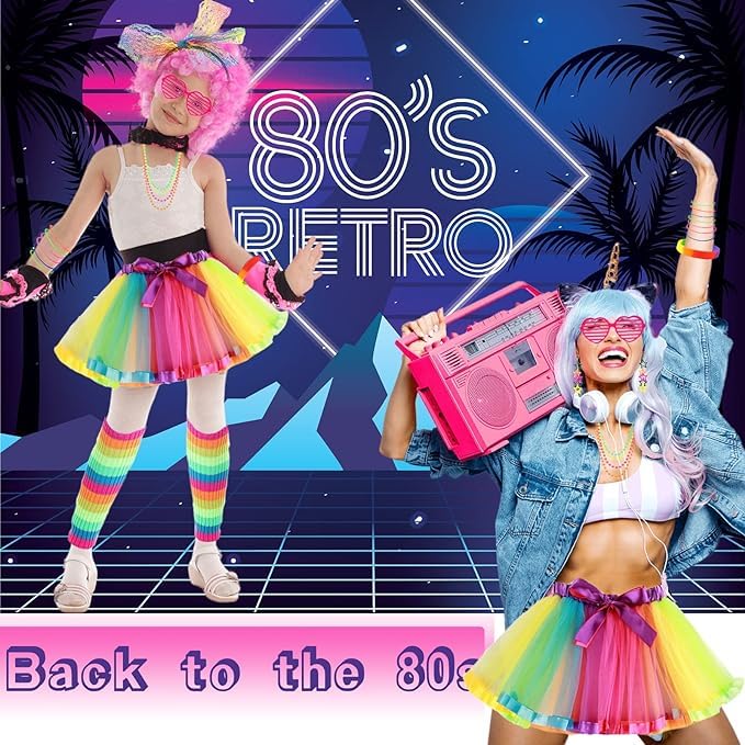 80s Costume Neon Outfits Accessories Set Women Fancy Dress Rainbow Tutu Leg Glove Necklace Headband Earring Glasses
