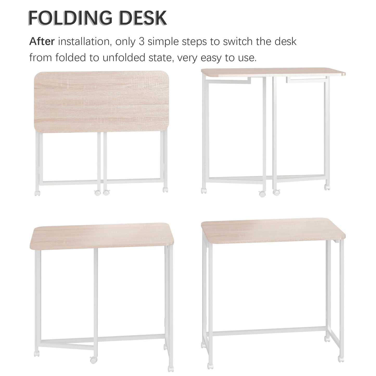 4NM 27.5" Mobile Small Rolling Computer Desk, Folding Laptop Cart Table with Wheels, Portable Office Desk for Small Space Couch Bed - Natural and White