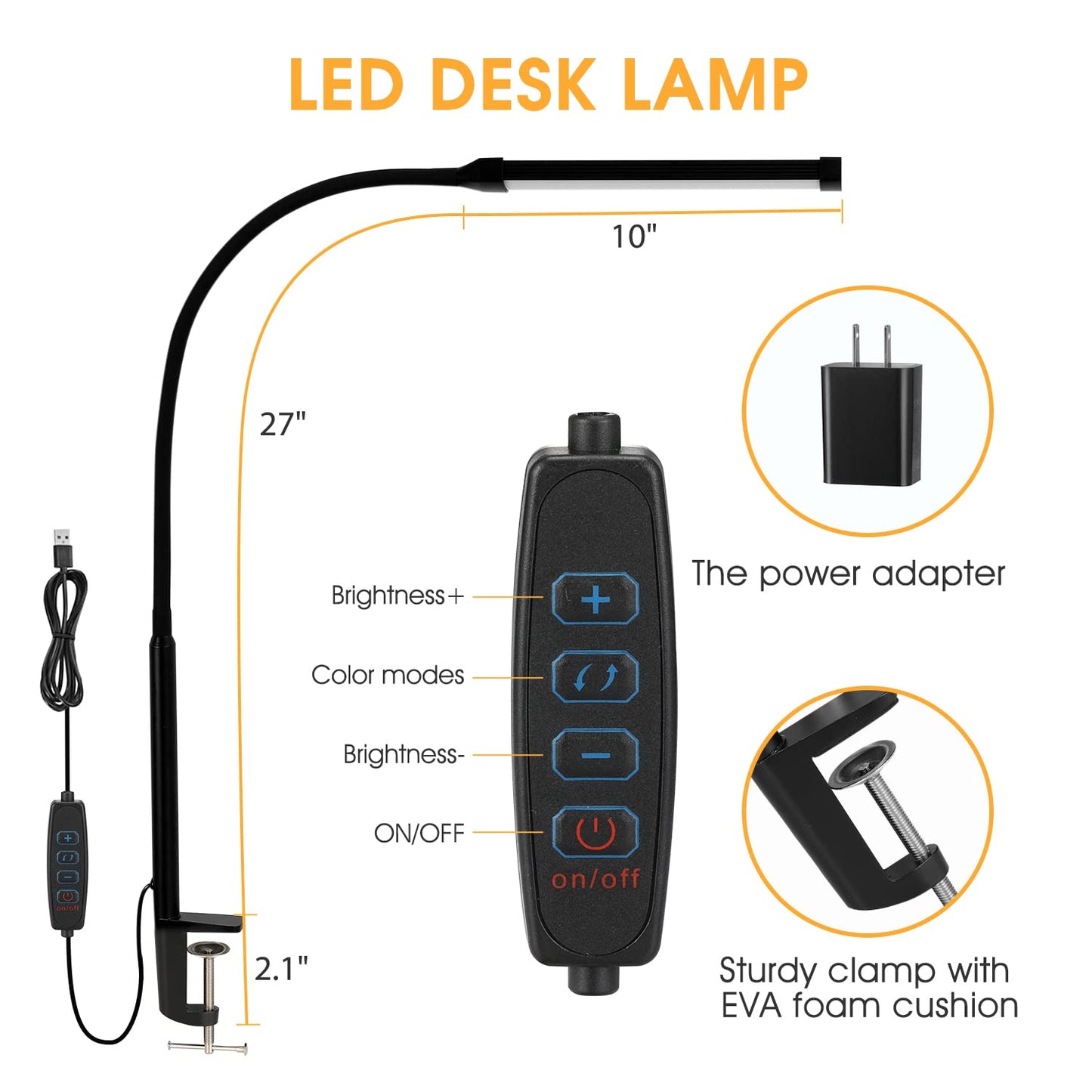 Voncerus LED Desk Lamp with Clamp, Eye-Caring Clip on Lights for Home Office, 3 Modes 10 Brightness, Long Flexible Gooseneck, Metal, Swing Arm Architect Task Table Lamps with USB Adapter, Black