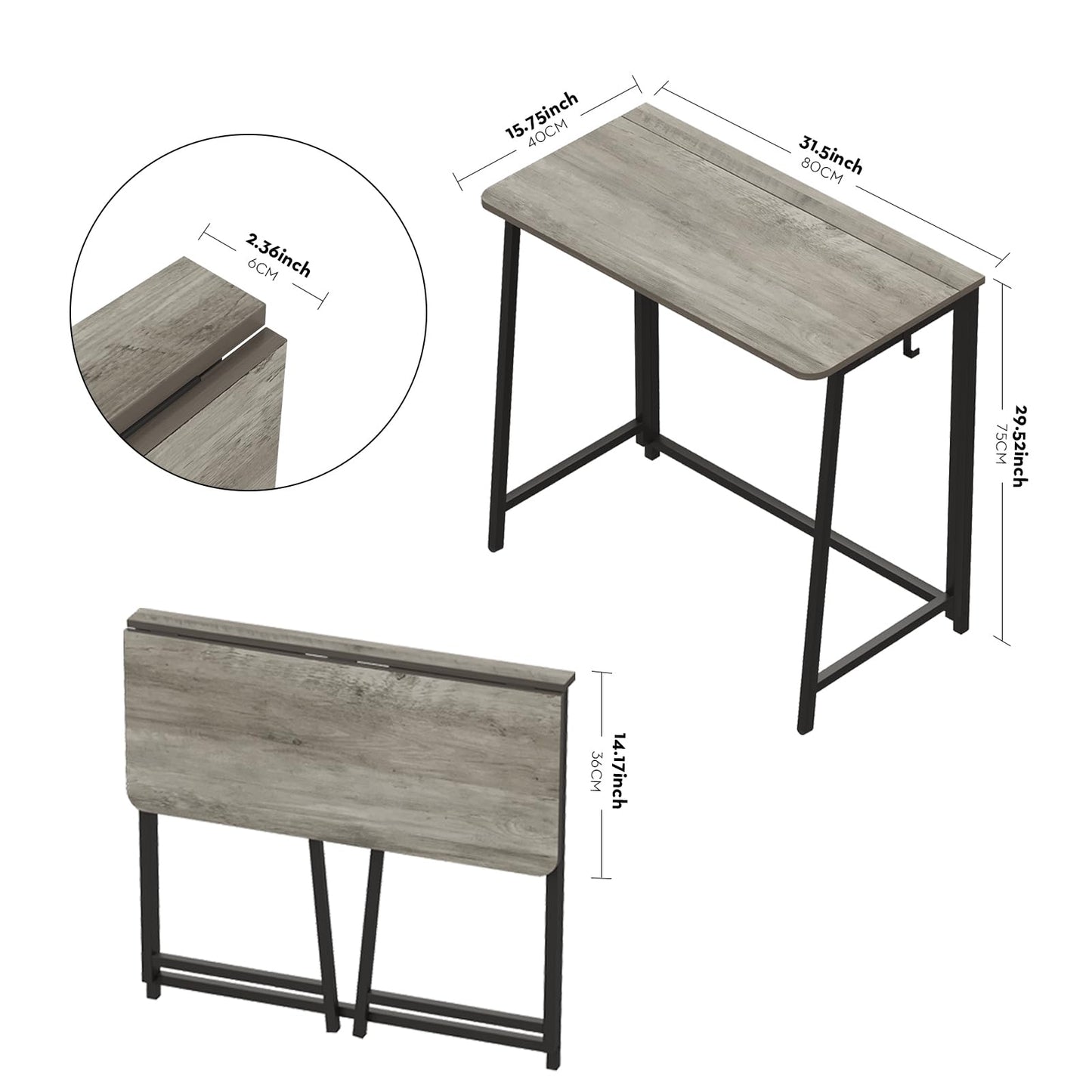 WOHOMO Folding Desk, Small Foldable Desk 31.5" for Small Spaces, Space Saving Computer Table Writing Workstation for Home Office, Easy Assembly, Gray-Wash