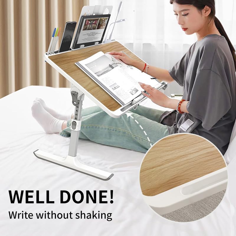 Woodgrain Foldable Laptop Desk Wide Area XX-Large 27.6X17.7In, 8 Heights& Angles Adjustable Bed Table, Study Tray Laptop Stand for Bed, Couch Sofa with 2 Stoppers