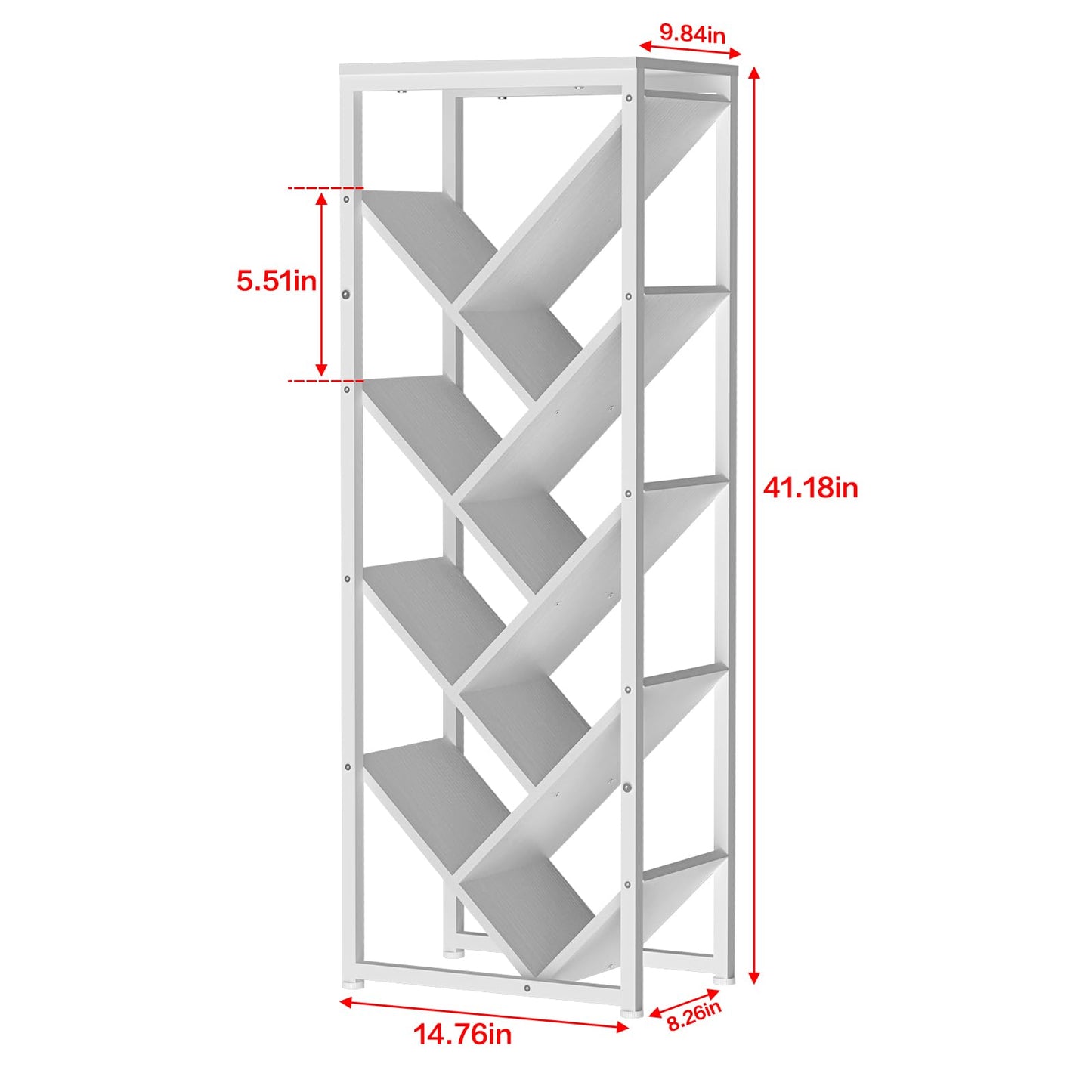 9 Tier Tree Bookshelf - White Book Shelf Floor Standing Modern Bookcase for Hardcover Books, Small Bookshelf for Small Spaces Bookshelves Wooden Book Storage Organizer Shelves for Bedroom Living Room