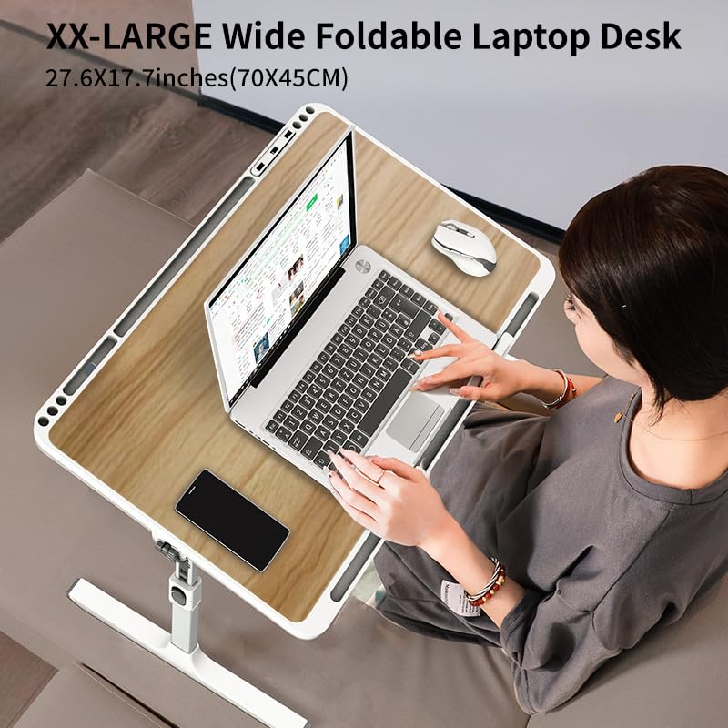 Woodgrain Foldable Laptop Desk Wide Area XX-Large 27.6X17.7In, 8 Heights& Angles Adjustable Bed Table, Study Tray Laptop Stand for Bed, Couch Sofa with 2 Stoppers