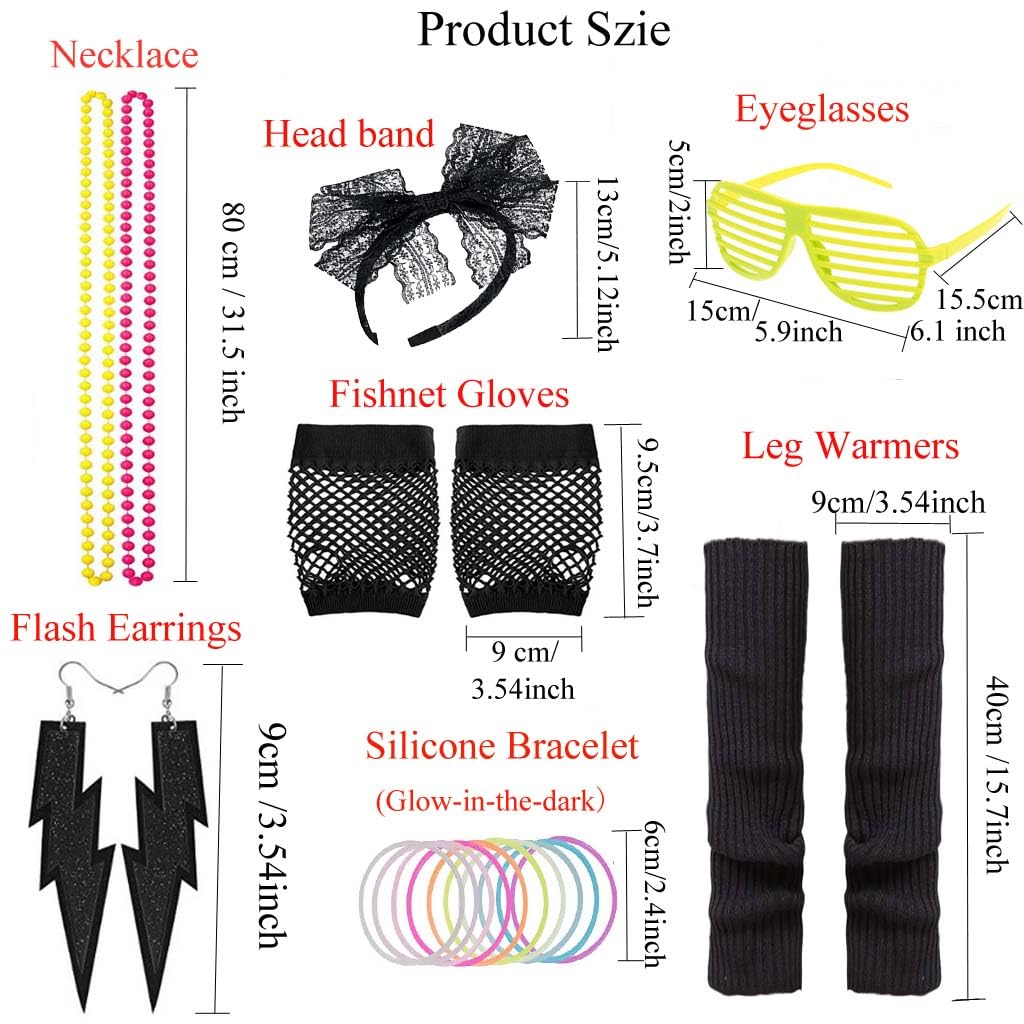 80s Outfits for Women, The 80s Costume Accessories, 1980s T-Shirt Tutu Dress Headband Earring Necklace Fishnet Gloves Legwarmers 21 Pcs Party Halloween Outfit 3XL