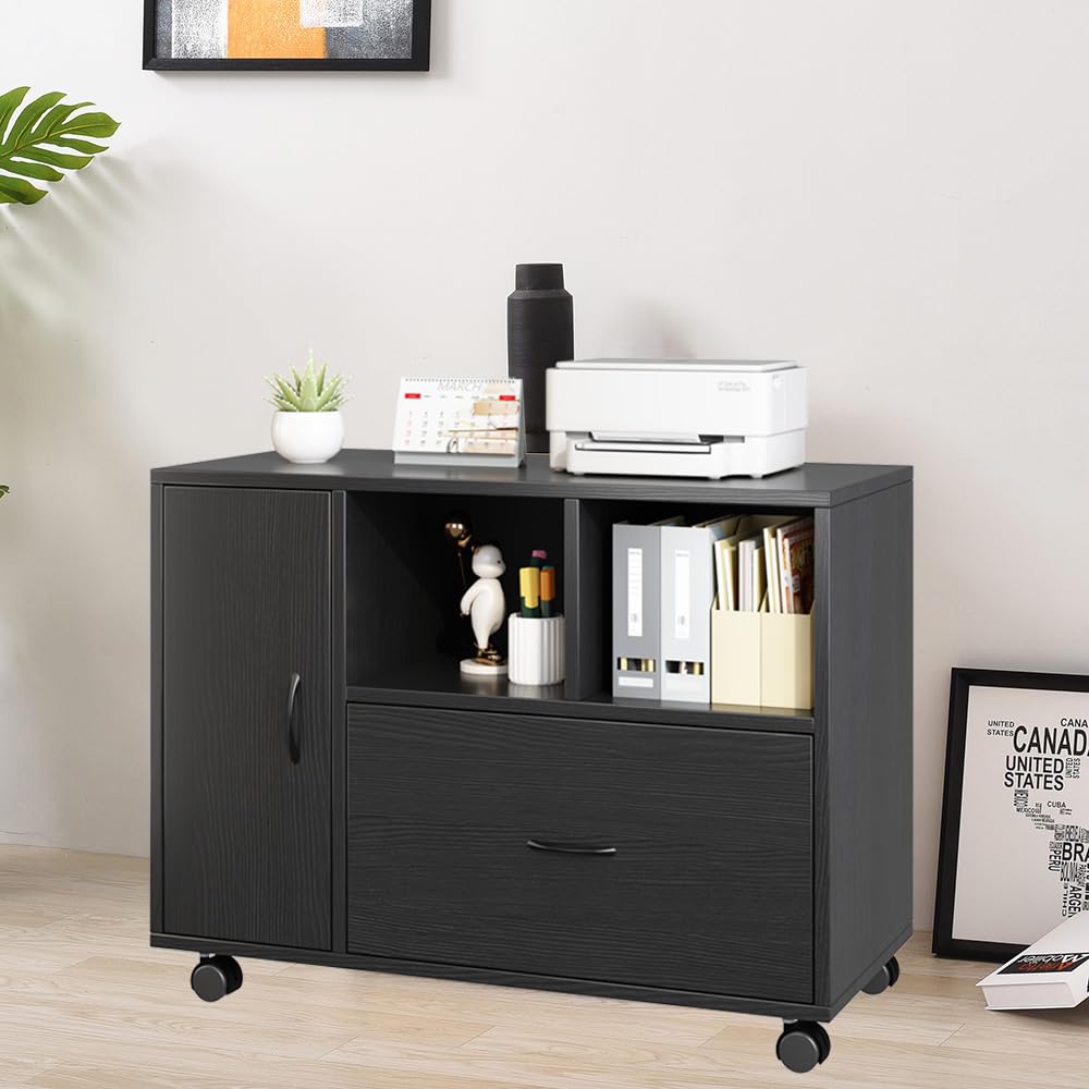 1 Drawer 1 Door 2 Shelves office furniture storage cabinet,Office Vertical Files Pedestal storage Lateral cabinet,Printer Stand with Open Storage Shelves and Rolling Wheels for Office and Home (Black)