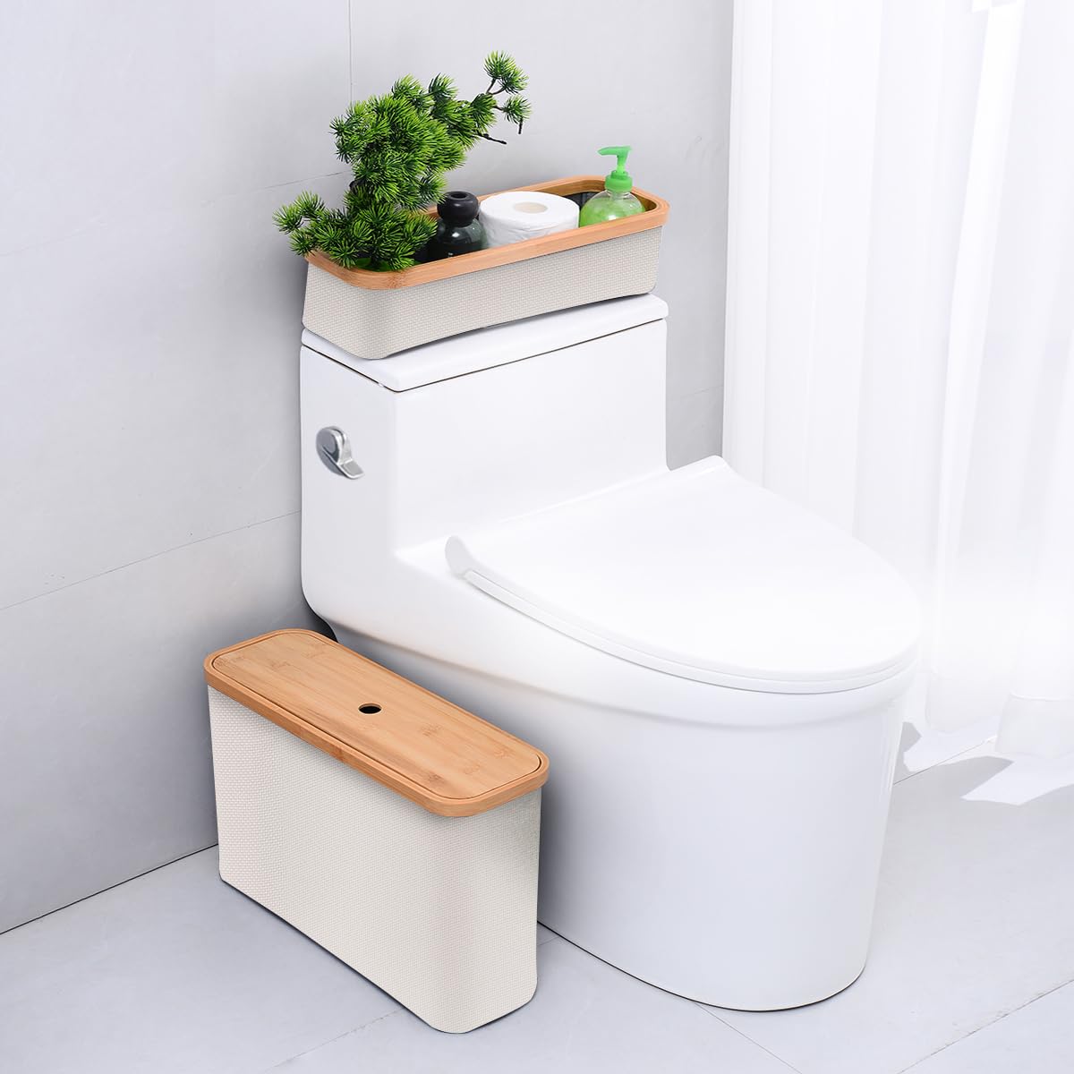 WOOHA Bamboo Toilet Paper Organizer - Collapsible Basket for Bathroom Tissue Storage (White, Small)