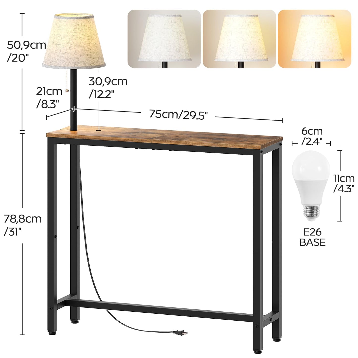 YATINEY Console Table with Light, Narrow Entryway Table, Behind Couch Table with 3 Color Temperatures Led Bulb, Metal Frame, for Entrance, Hallway, Foyer, Rustic Brown and Black CT75DBR