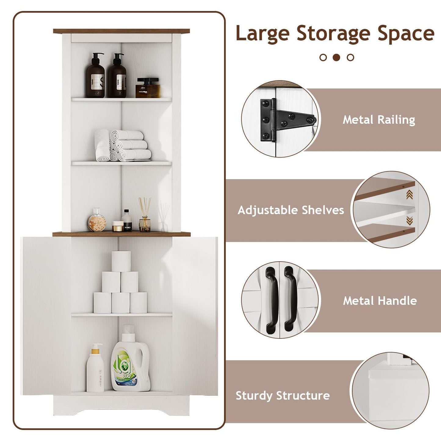 4 EVER WINNER Tall Corner Cabinet with Barn Door and Adjustable Shelves, 5-Tier Corner Shelves for Small Space, Living Room, Hallway, Bathroom, White