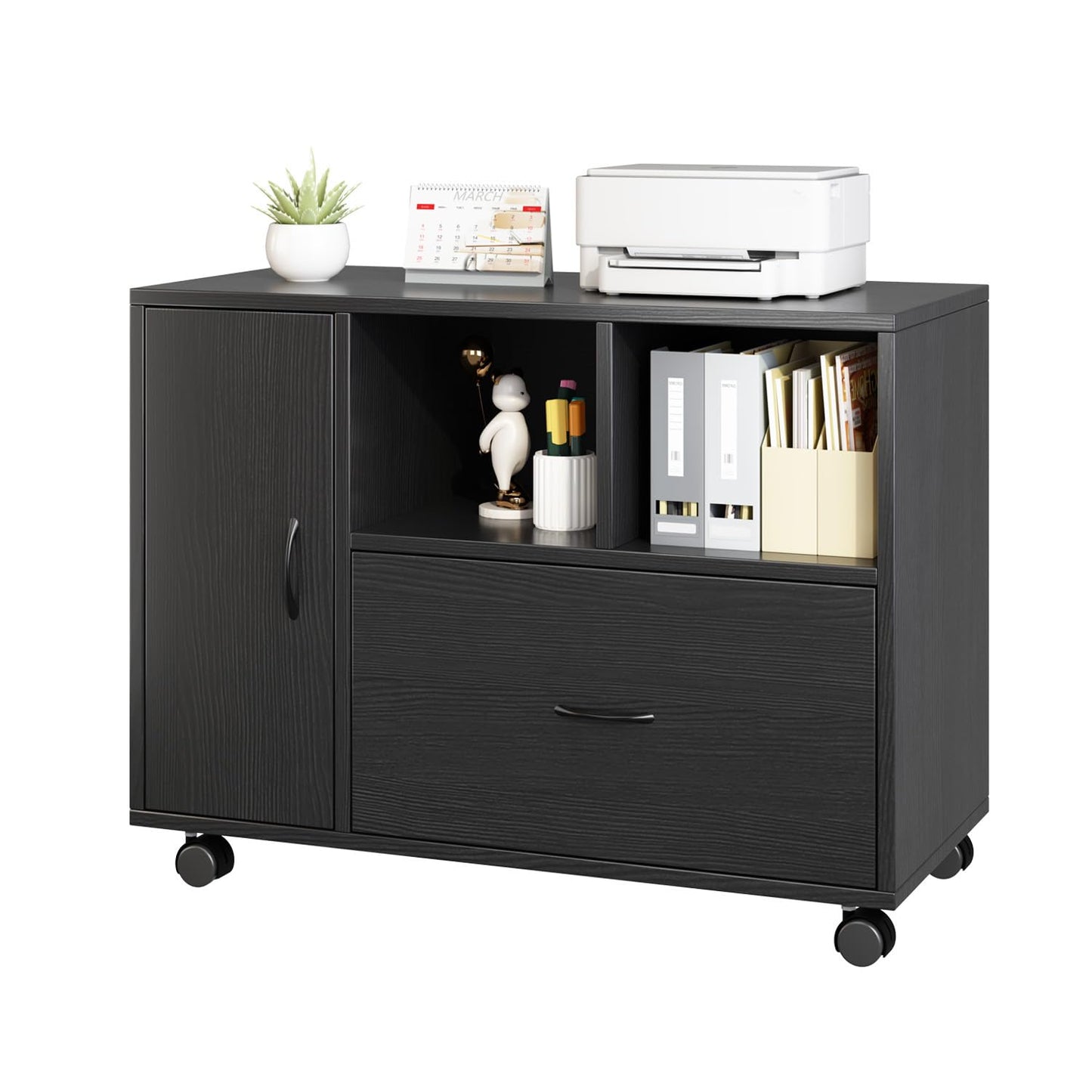 1 Drawer 1 Door 2 Shelves office furniture storage cabinet,Office Vertical Files Pedestal storage Lateral cabinet,Printer Stand with Open Storage Shelves and Rolling Wheels for Office and Home (Black)